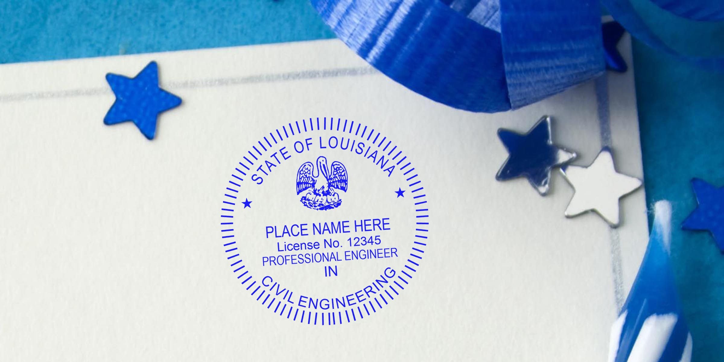 Louisiana professional engineer seal with blue stars and ribbon, featuring engineer stamp template and design options for civil engineering license.