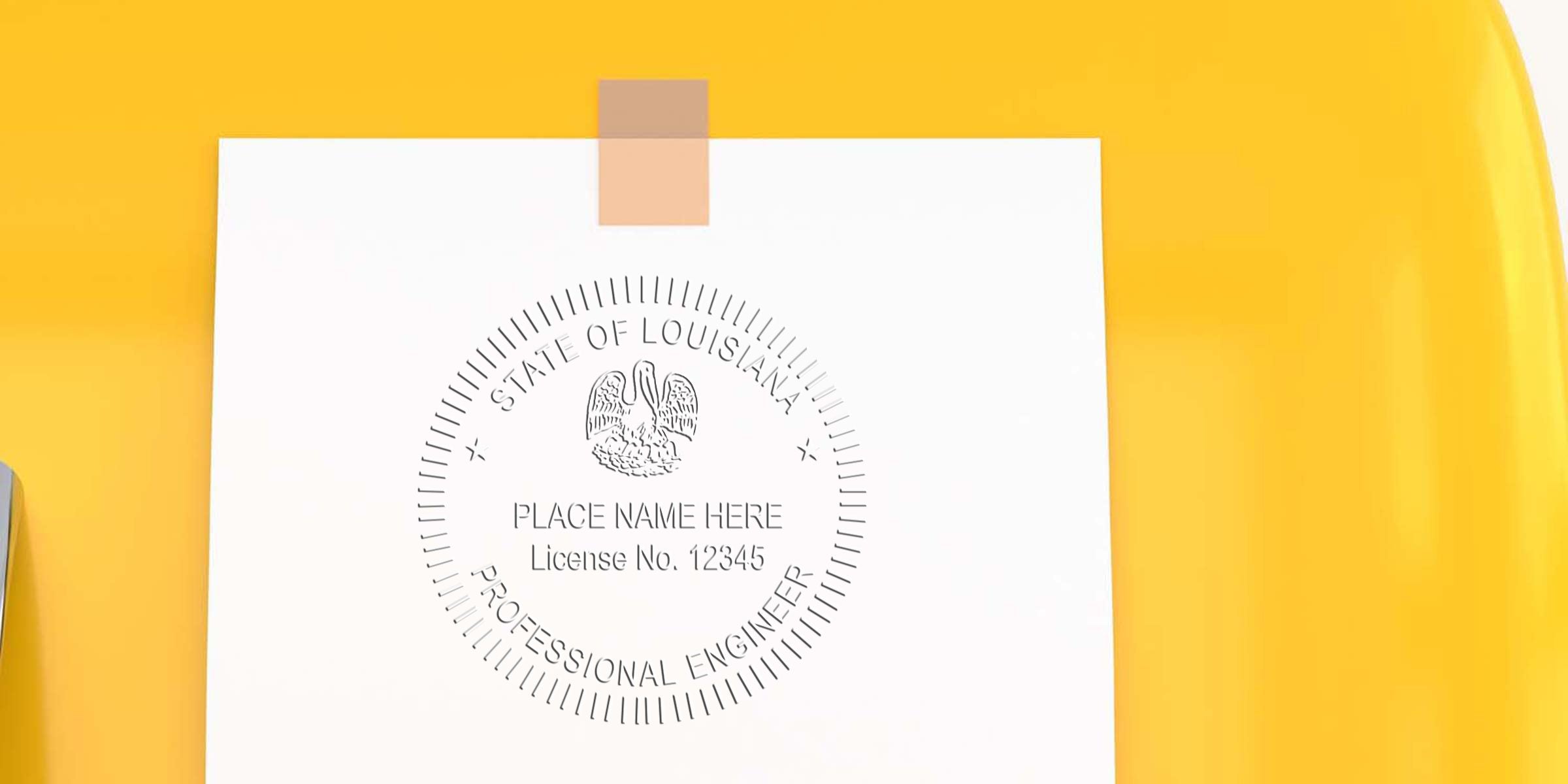 Louisiana professional engineer license stamp on white paper with yellow background, showing stamp size, perfect for meeting Louisiana engineer stamp requirements.