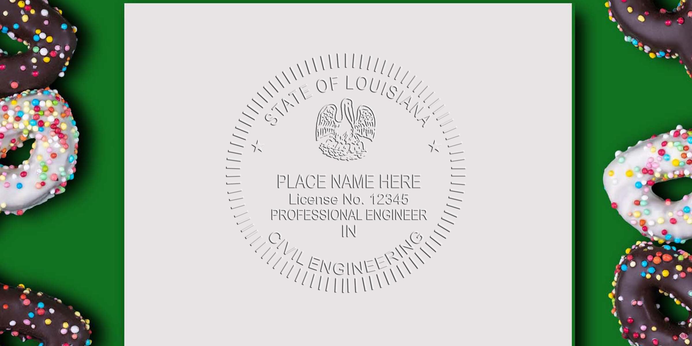 Louisiana civil engineer seal with colorful sprinkled donuts on green background, showcasing Louisiana engineer stamp cost and tips.