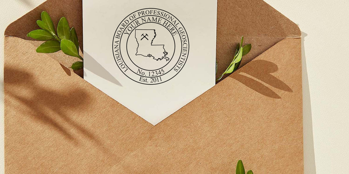 Certification letter from the Louisiana Board of Professional Geoscientists with the Louisiana Geologist Stamp, in an eco-friendly envelope, surrounded by green leaves, showcasing geological collectibles.