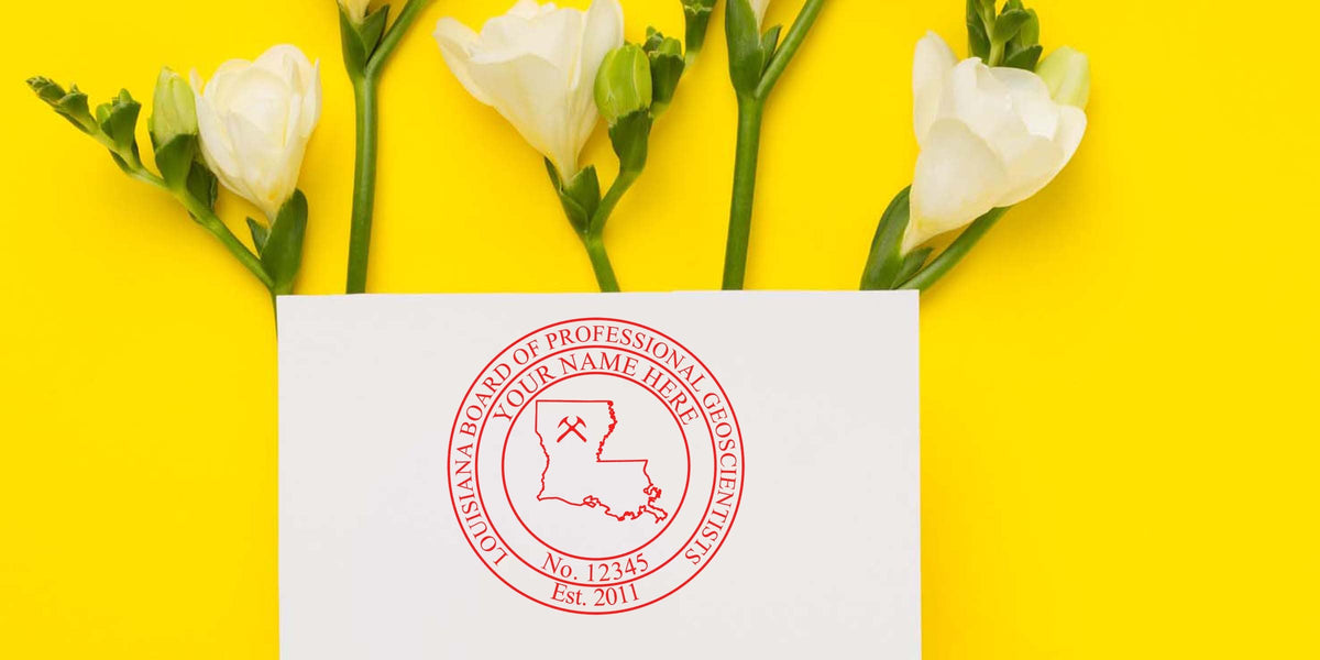Louisiana Board of Professional Geoscientists certification seal on white card with white flowers and bright yellow background, featuring Louisiana State Geologist and geological stamps.
