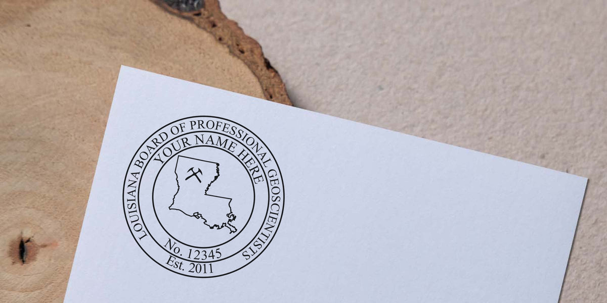 Louisiana geologist stamp with the official Louisiana Board of Professional Geoscientists seal, state map, and geoscience tools logo on white paper, perfect for online stamp shopping.