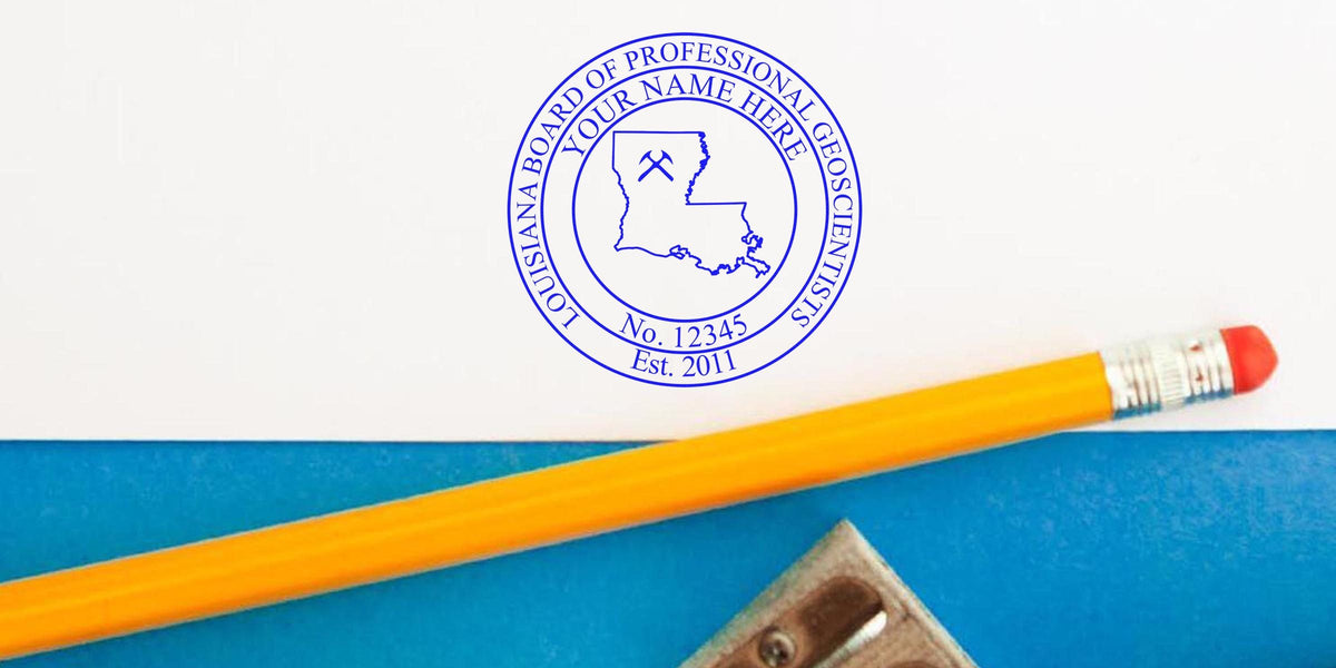 Official seal of the Louisiana Board of Professional Geoscientists with pencil and sharpener on blue and white background, symbolizing Louisiana Geologist Stamp and Document Certification.