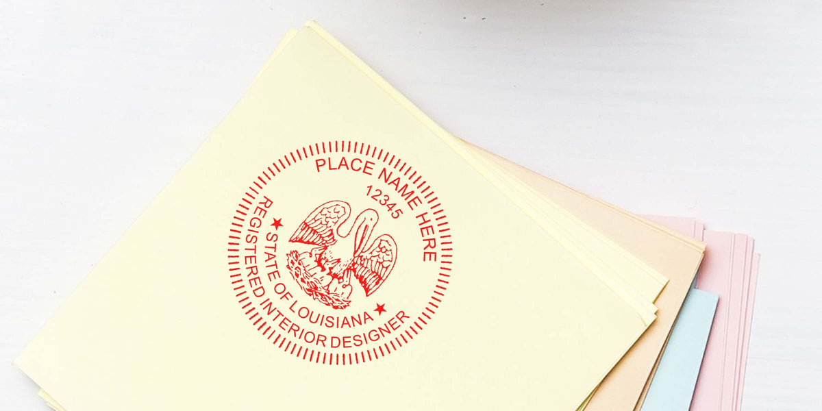 Custom Louisiana interior designer stamp on official documents, highlighting Louisiana interior design branding for certified legal paperwork.