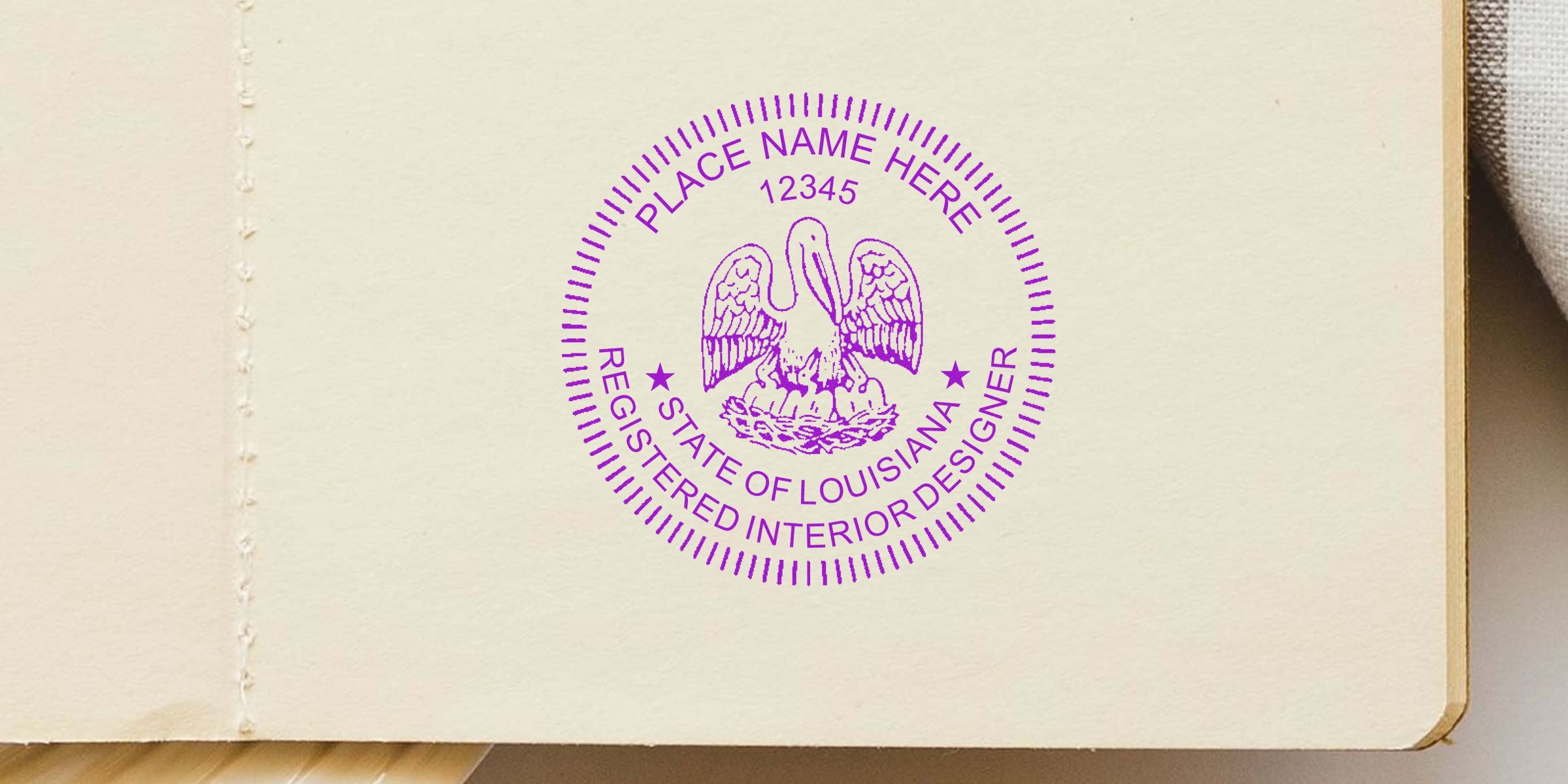 Louisiana interior design stamp on paper with pelican emblem and registration number, showcasing modern seal design trends.
