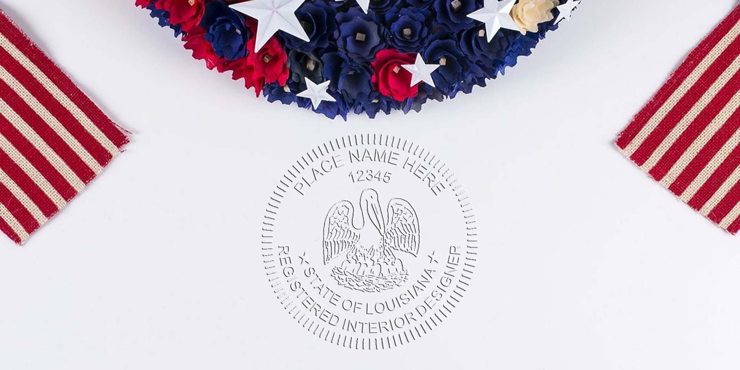 Louisiana interior designer stamp with registered seal, patriotic wreath, and American flags background, symbolizing design compliance standards.