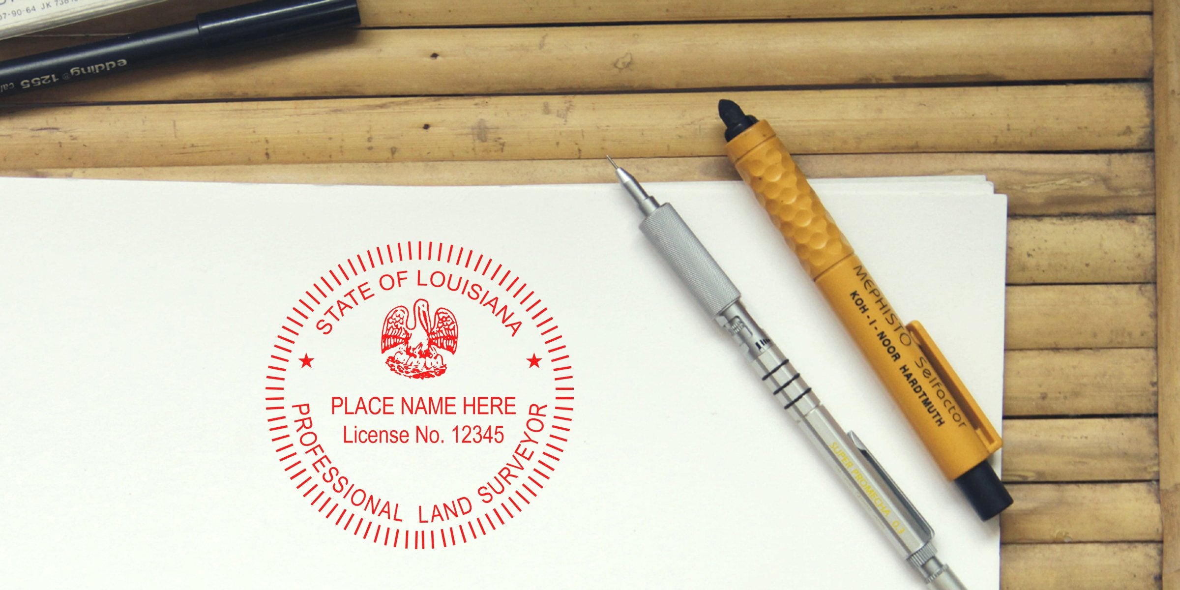 Louisiana professional land surveyor stamp with license number on paper, next to a mechanical pencil and yellow marker, highlighting land surveyor fees and stamp cost budgeting.