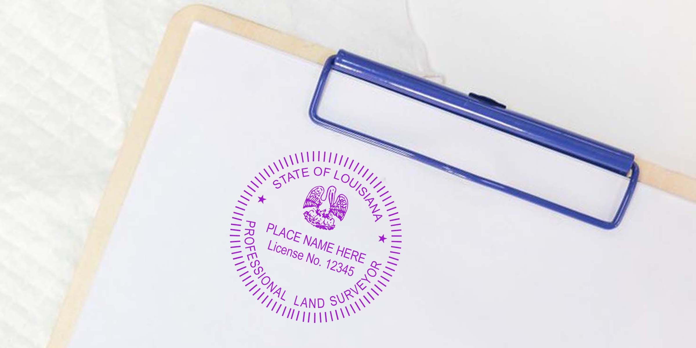 Louisiana land surveyor stamp on clipboard showing size and meeting requirements for professional land surveying services in Louisiana.