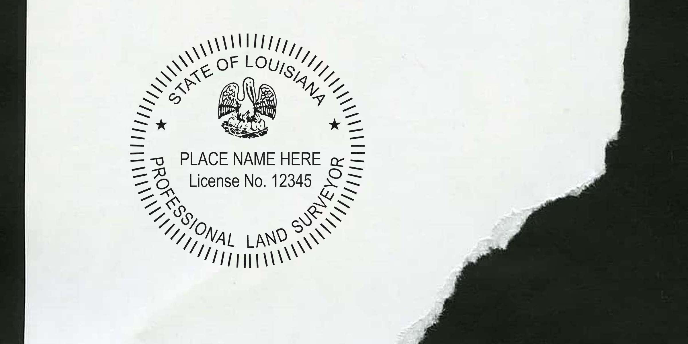Louisiana land surveyor seal with license number on torn paper, emphasizing Louisiana land surveyor seal regulations.