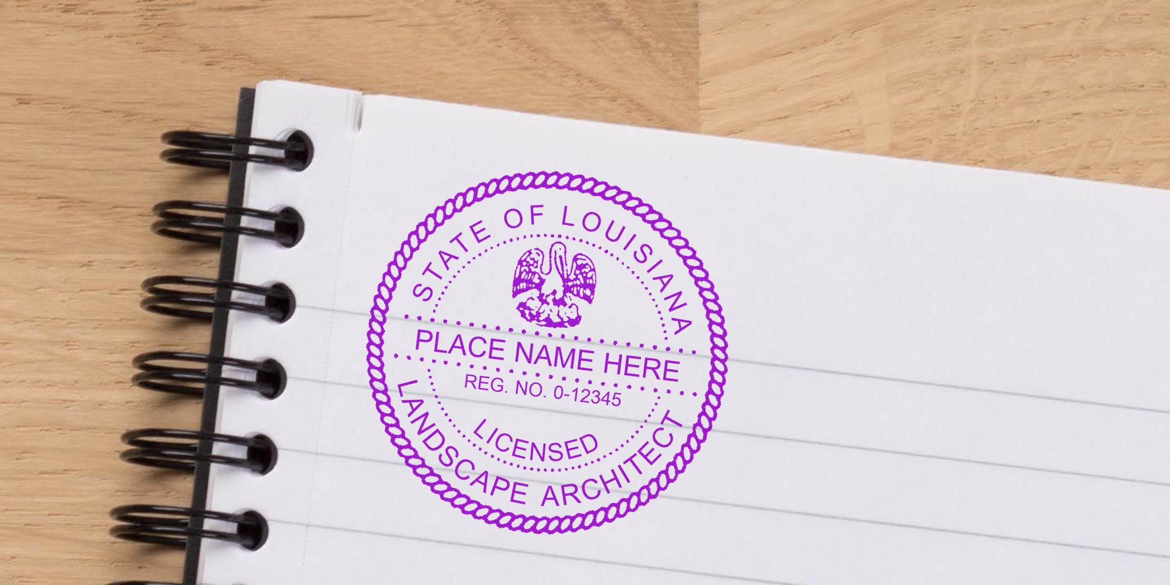 Louisiana landscape architect stamp on notebook paper for professional certification and licensing.