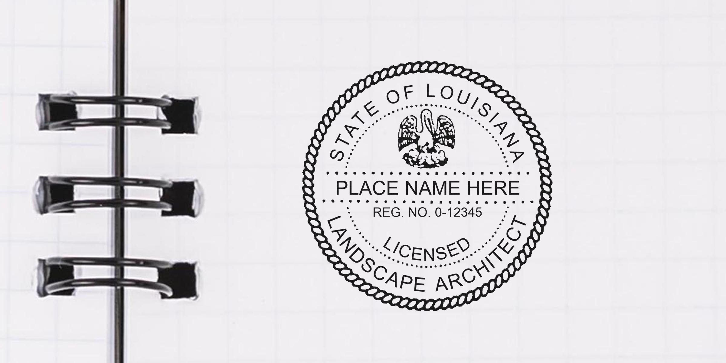 Louisiana landscape architect seal stamped on a spiral notebook page.