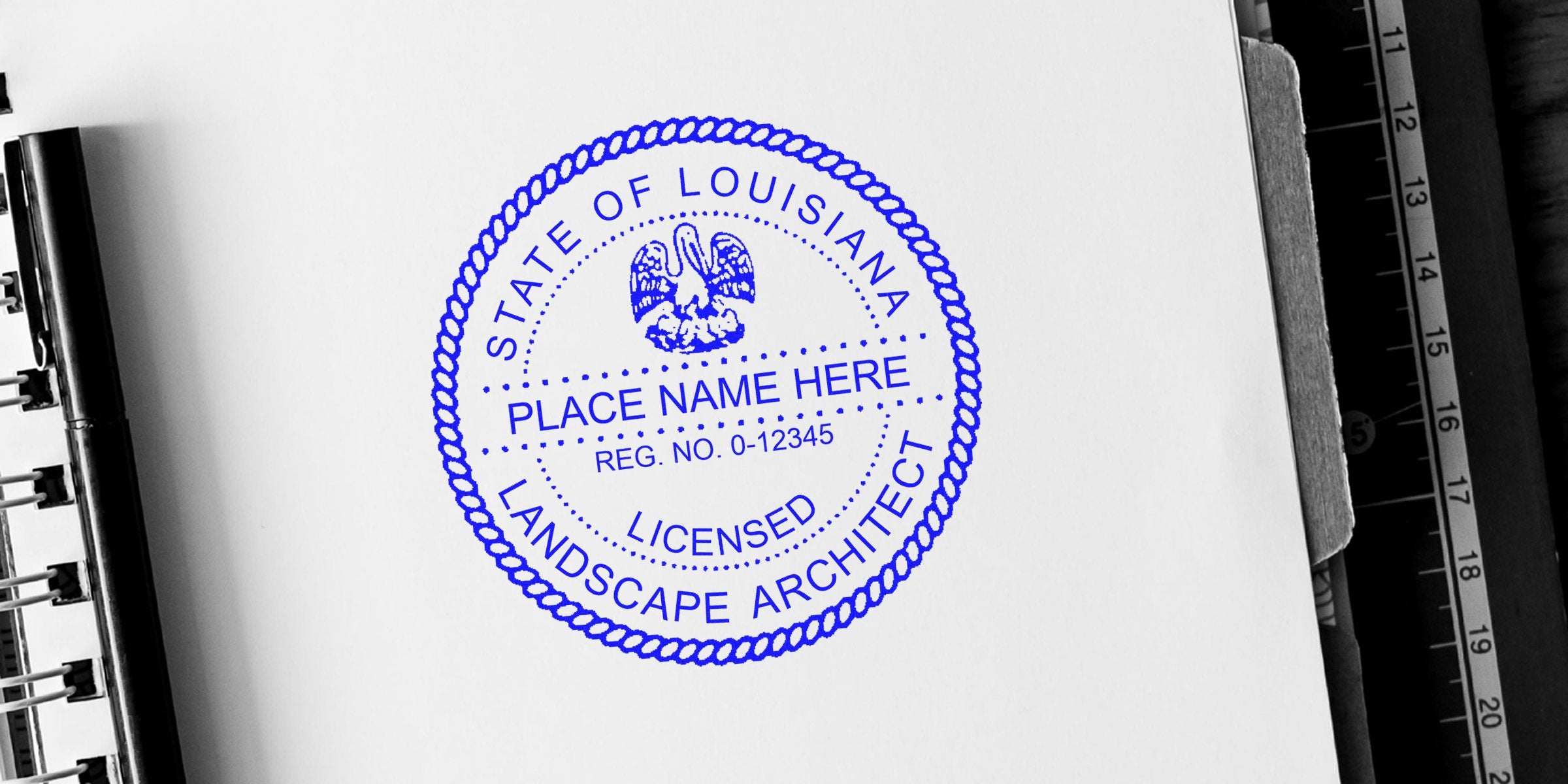 Louisiana landscape architect stamp on notebook with ruler and pen, showcasing special deals on landscape architect stamp purchases.
