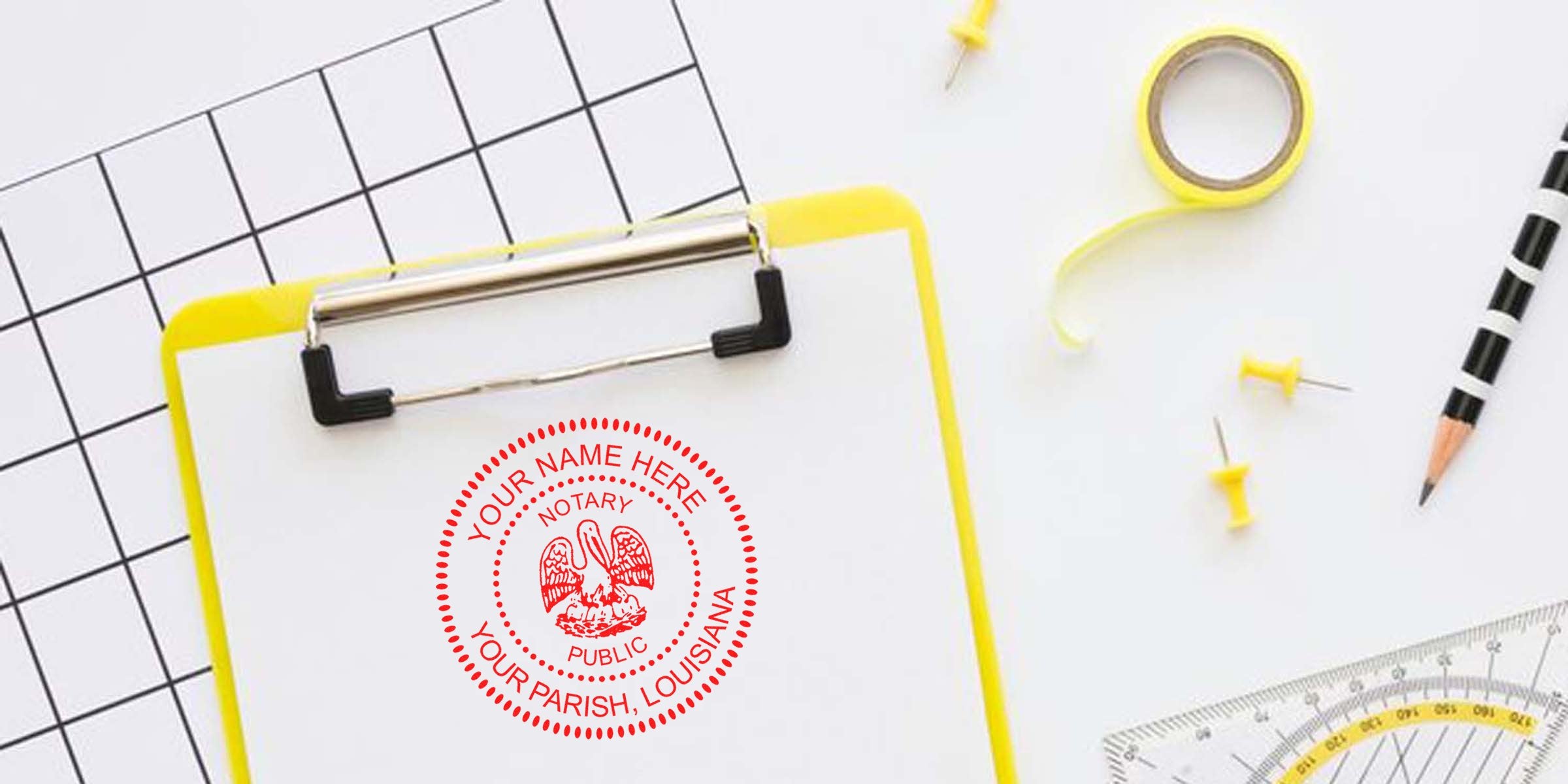 Louisiana notary seal stamp on a clipboard, surrounded by office supplies, featuring the Louisiana notary seal.