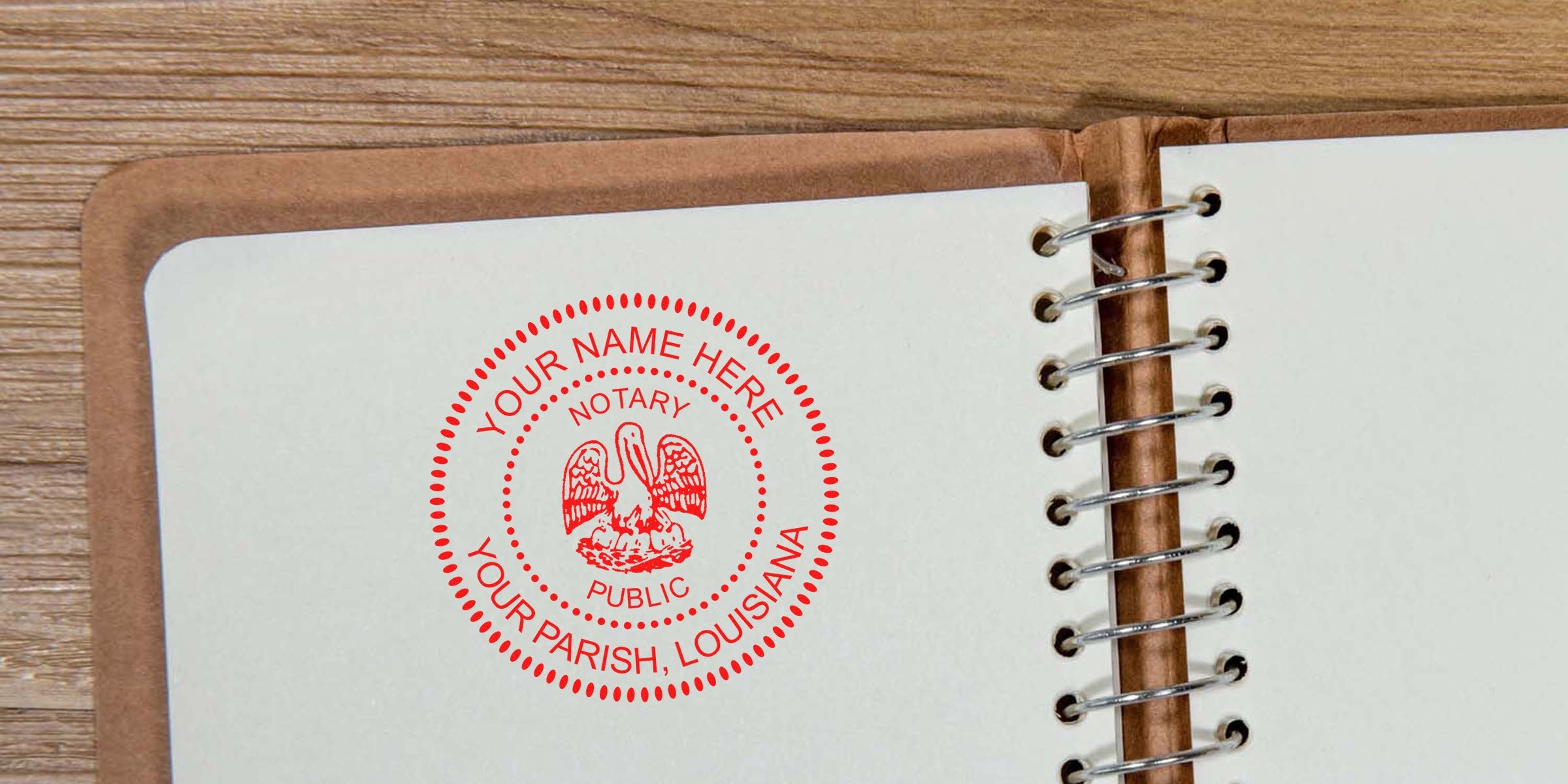 Red ink Louisiana notary seal stamped on notebook page for Louisiana notary services.