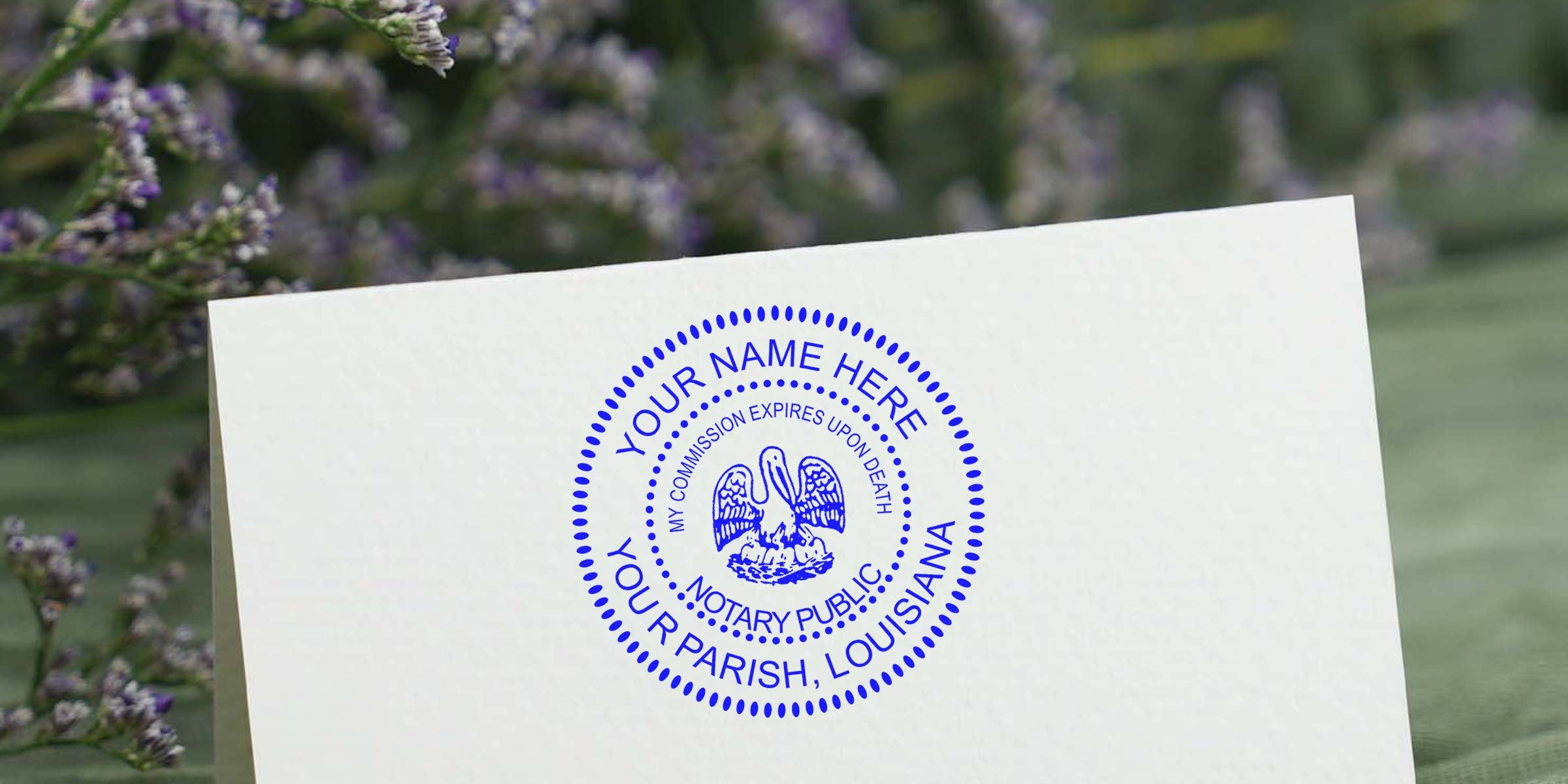 Louisiana Notary Seal stamp on white paper with purple flowers, showcasing Louisiana Notary Tips.