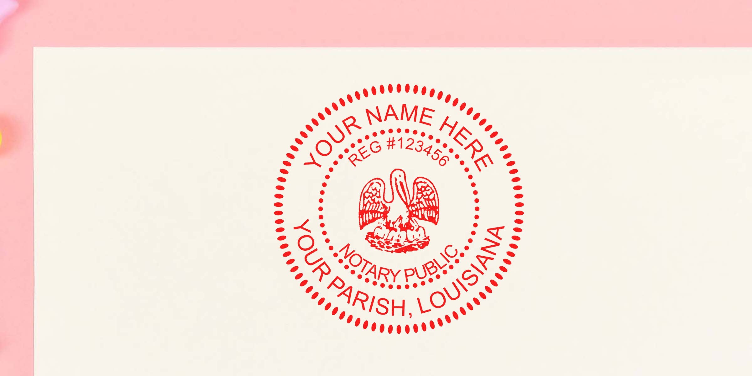 Louisiana notary stamp with pelican emblem, customizable name and parish, essential for Louisiana notary supplies.