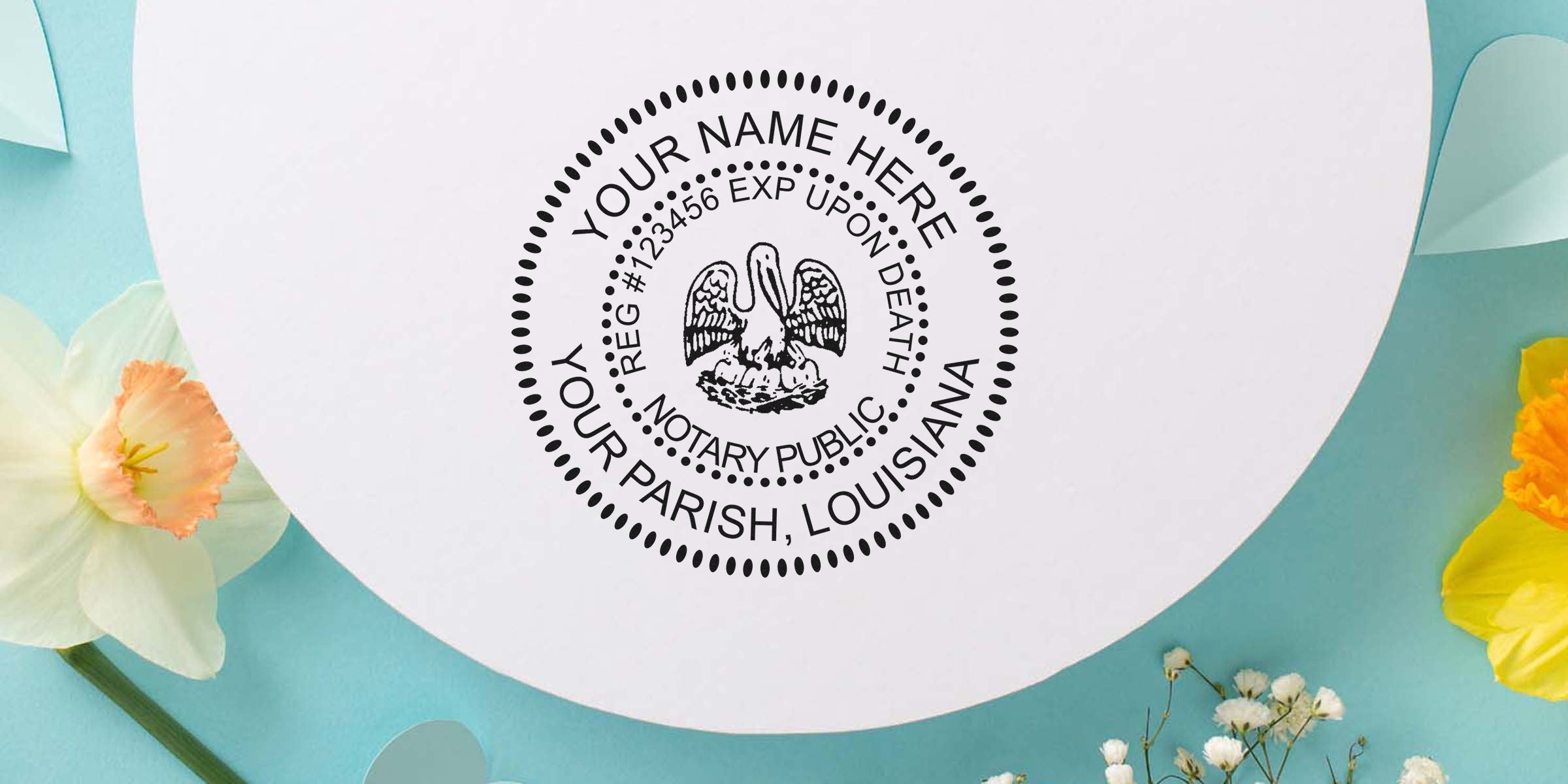 Louisiana self-inking notary stamp with pelican seal on white paper, surrounded by spring flowers, part of Louisiana notary supplies.