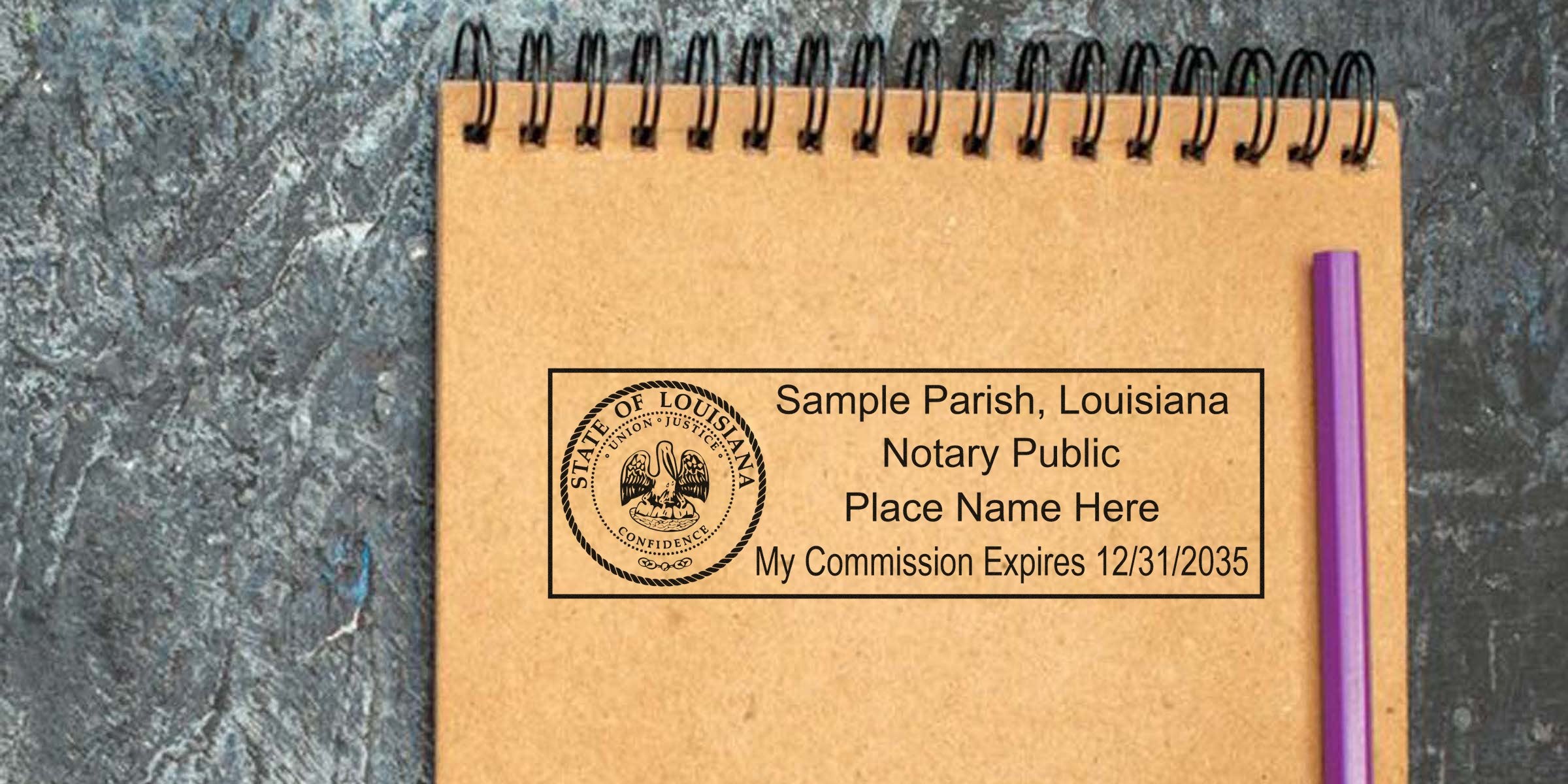 Louisiana notary public stamp on spiral notebook with purple pen on textured surface, showcasing Louisiana notary supplies and highlighting notary supply deals in Louisiana.