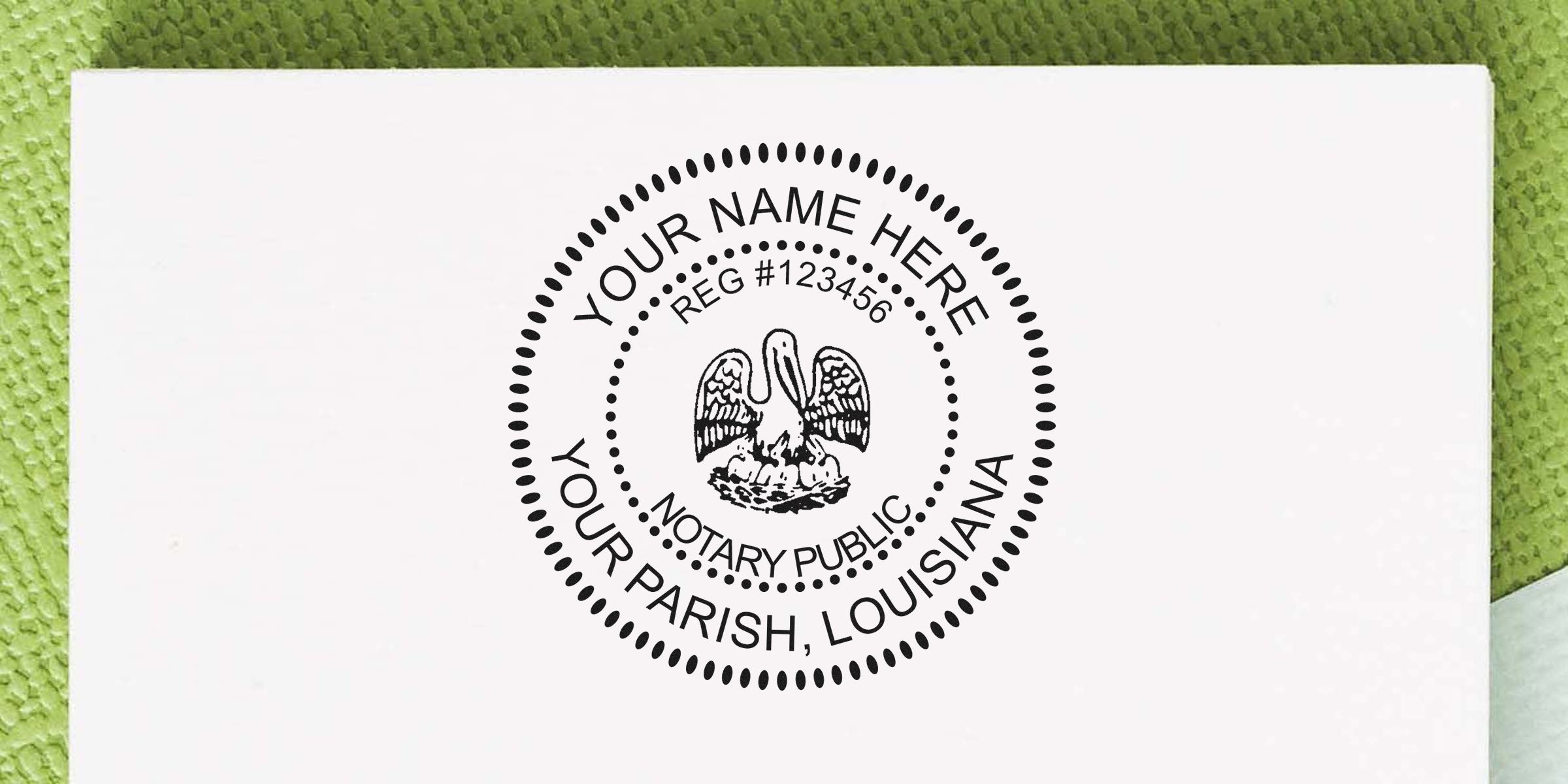Louisiana notary kit with custom pelican stamp, personalized name, parish info, and essential notary supplies.