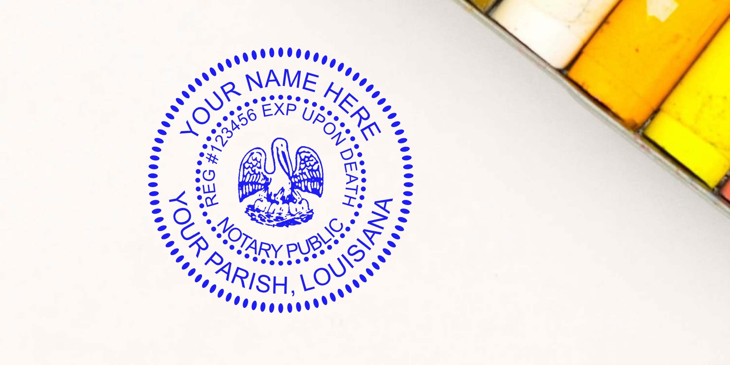 Louisiana notary stamp with pelican emblem in colored pastels on white background, perfect for anyone seeking a Louisiana notary stamp.