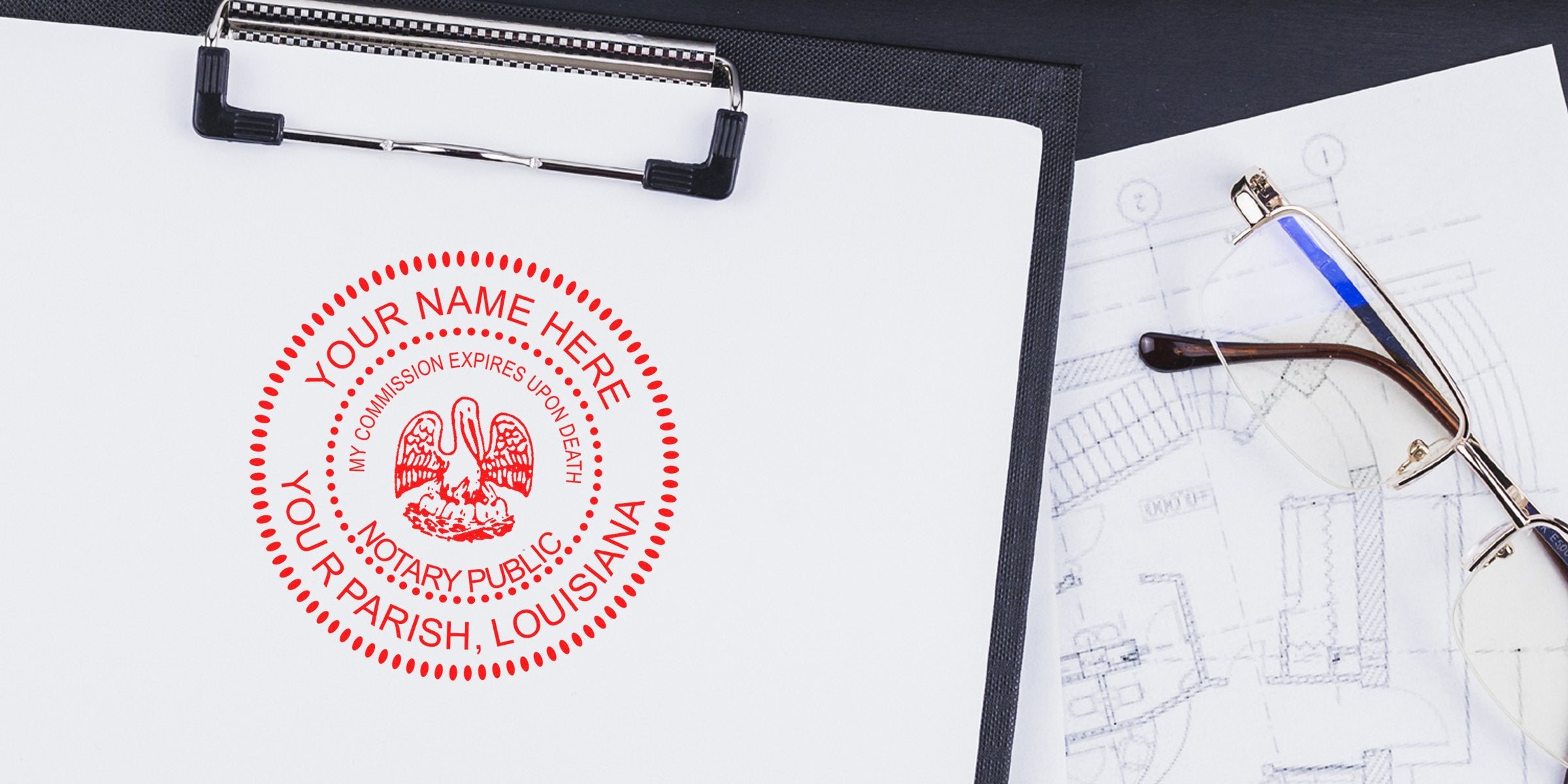Louisiana notary seal stamp on clipboard with legal papers and glasses, perfect for official notarization; purchase Louisiana notary seal for genuine certification.