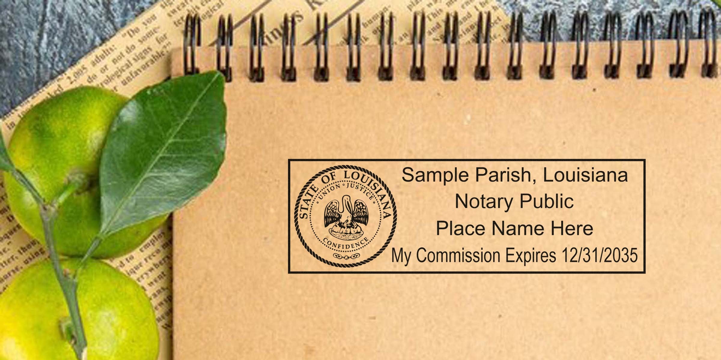 Louisiana notary seals stamped on a notebook, surrounded by green citrus fruits and leaves, highlighting notary public services in Louisiana.