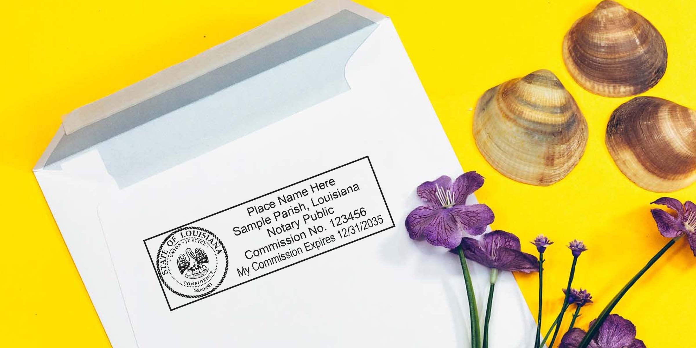 Louisiana notary seal stamped on white envelope with purple flowers and seashells on yellow background, meeting Louisiana notary seal requirements.