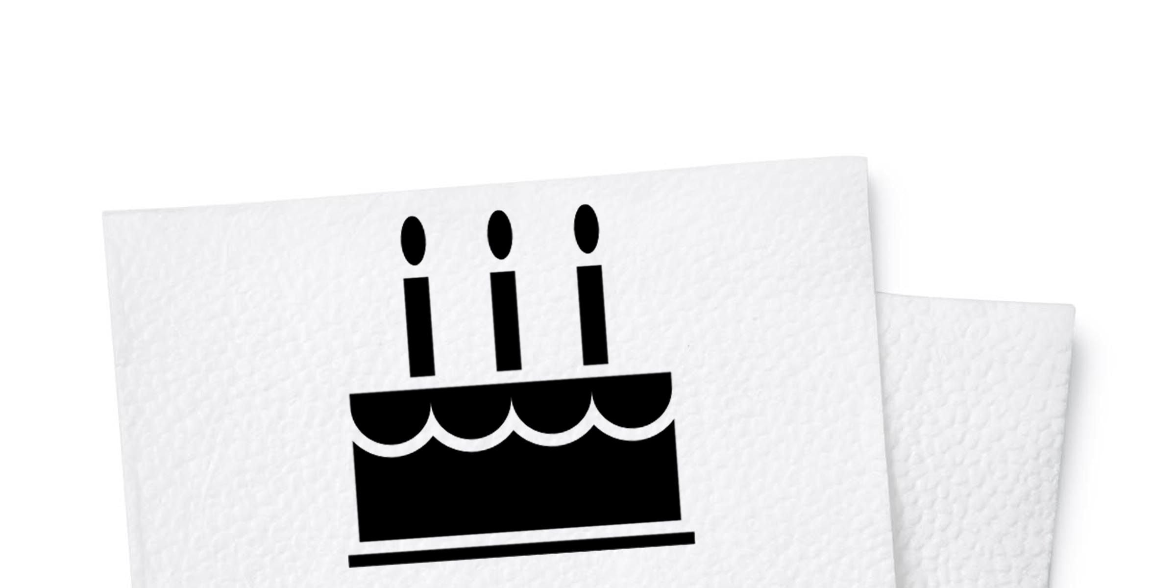 Minimalist black birthday cake icon with three candles on textured white paper background, celebrating special occasion dessert illustration