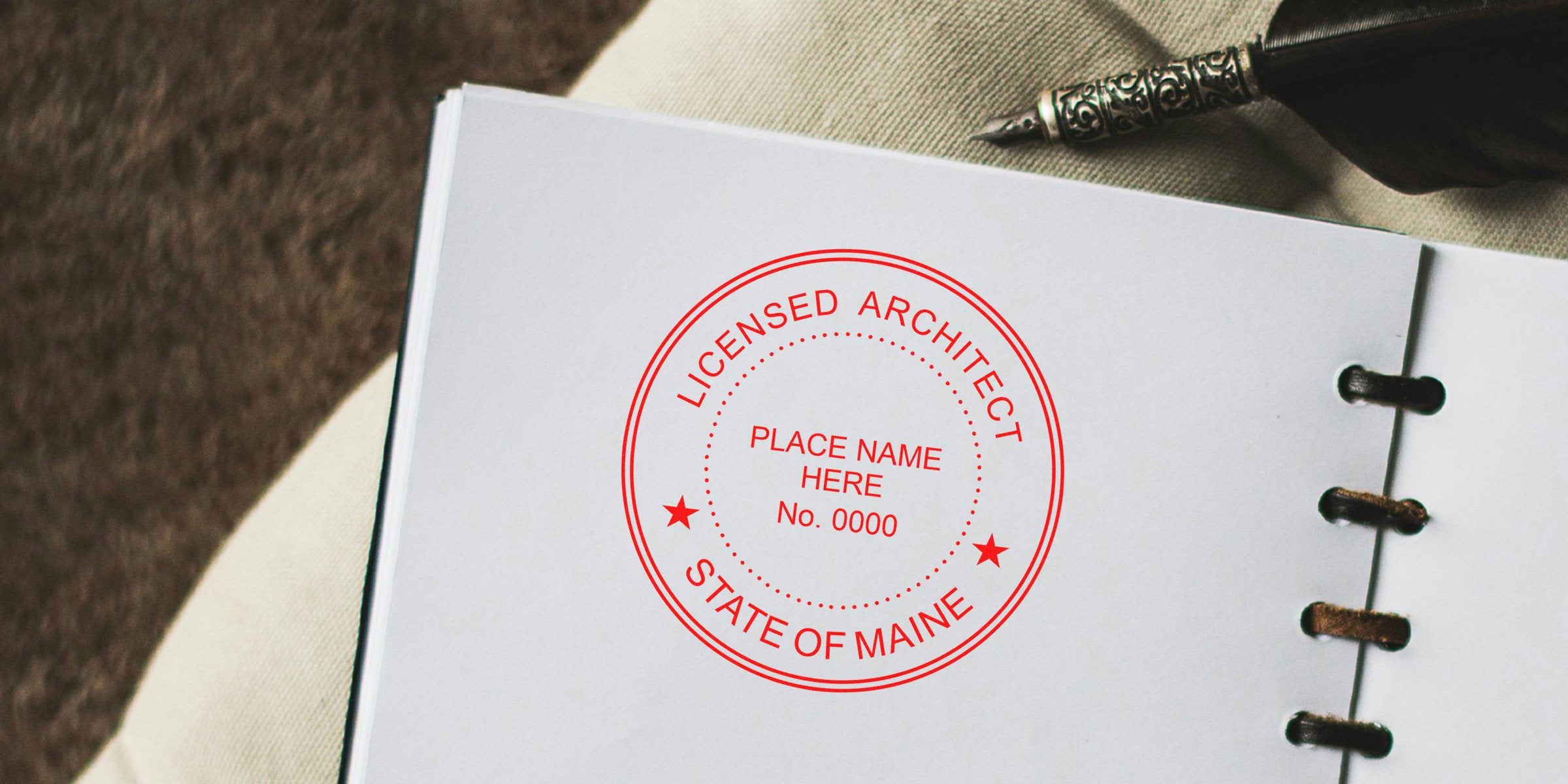Licensed architect stamp on white paper showing the Maine architect seal per State of Maine professional certification guidelines.