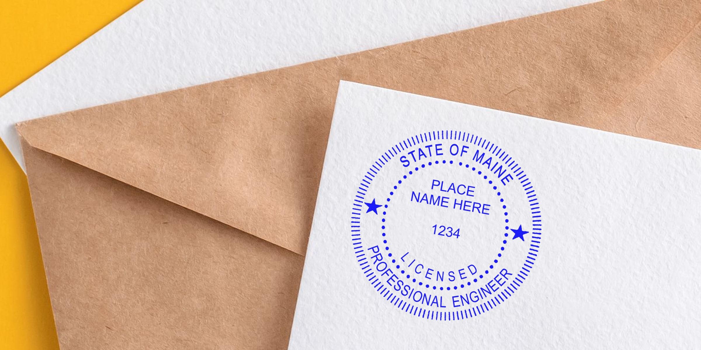 Maine professional engineer license stamp on white paper with brown envelope background, featuring the Maine engineer seal and emphasizing seal design tips.