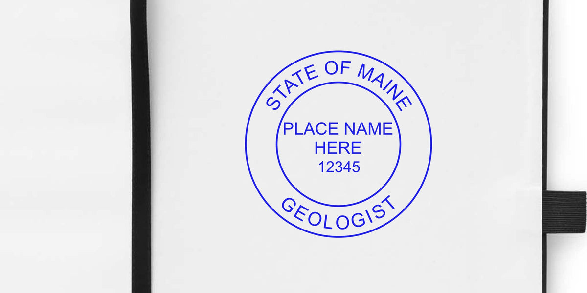 Maine Geologist Seal with state geologist stamp, place name, and license number on white background, part of the Geologist Seal Guide.
