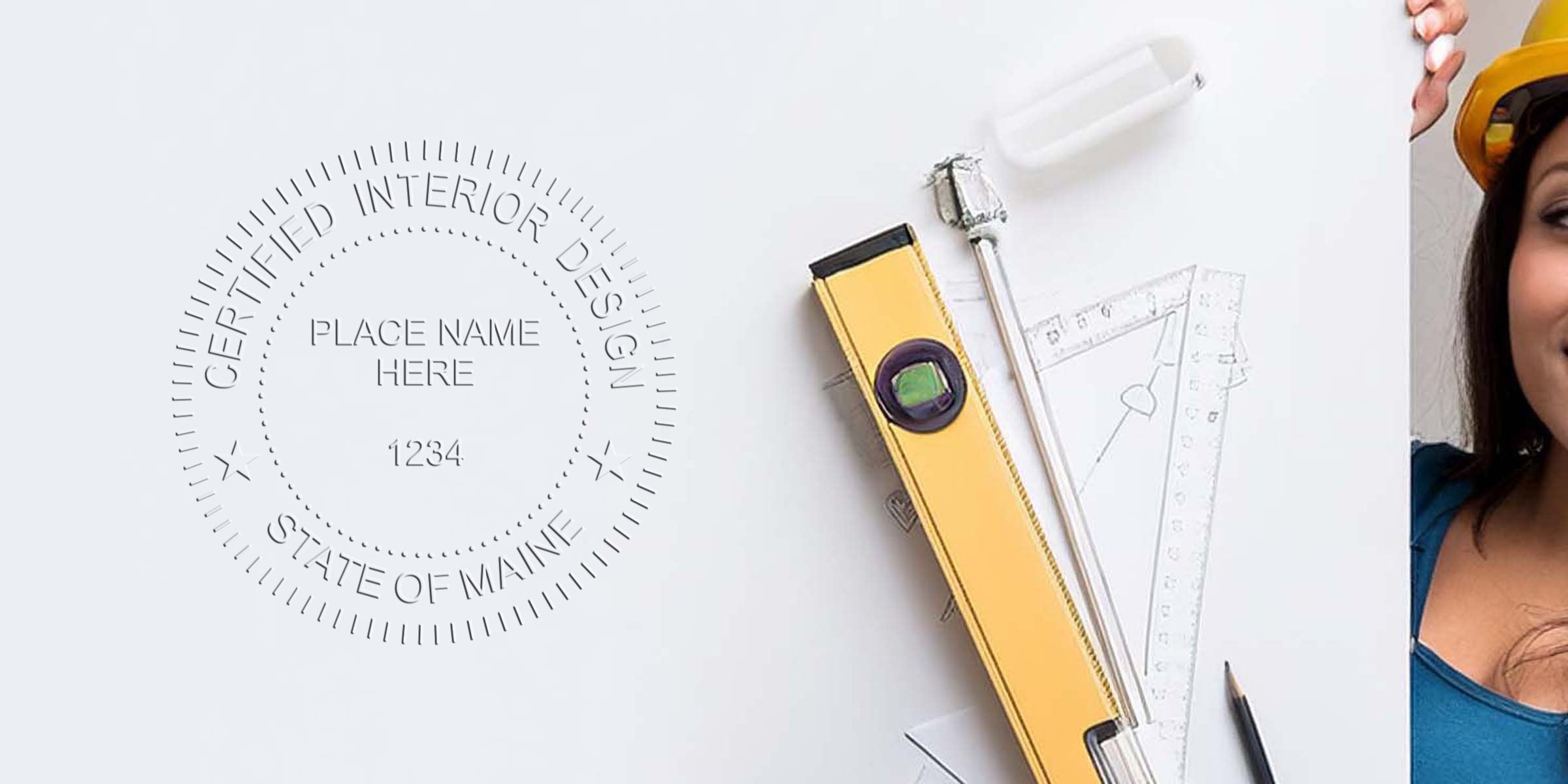 Certified interior design tools—level, ruler, paint roller—next to a woman in a hard hat, symbolizing Maine interior designer certification with seal size specifications.