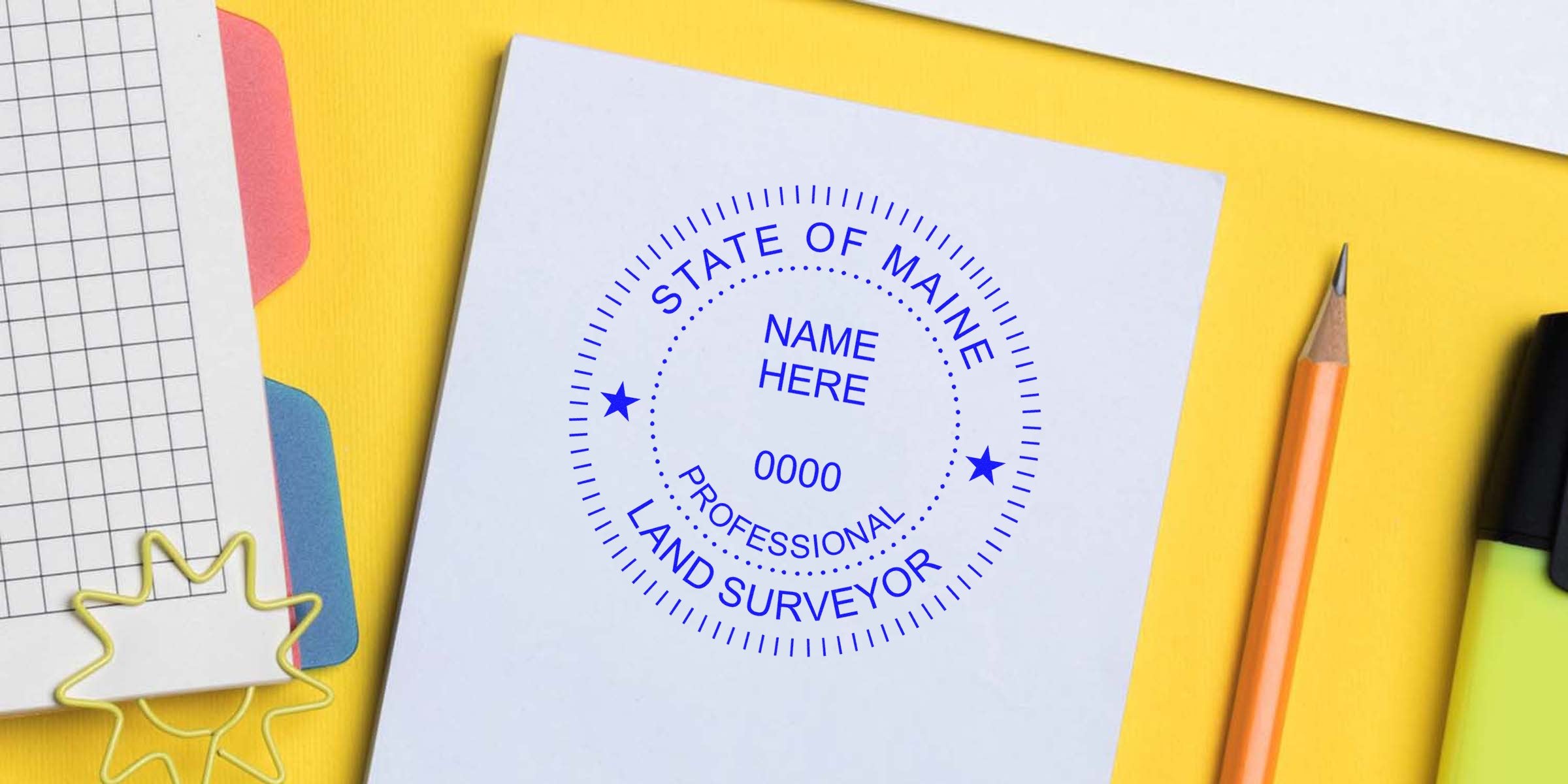 Maine professional land surveyor seal on white paper with Maine land surveyor stamp and office supplies on yellow background, emphasizing land surveyor certification requirements.
