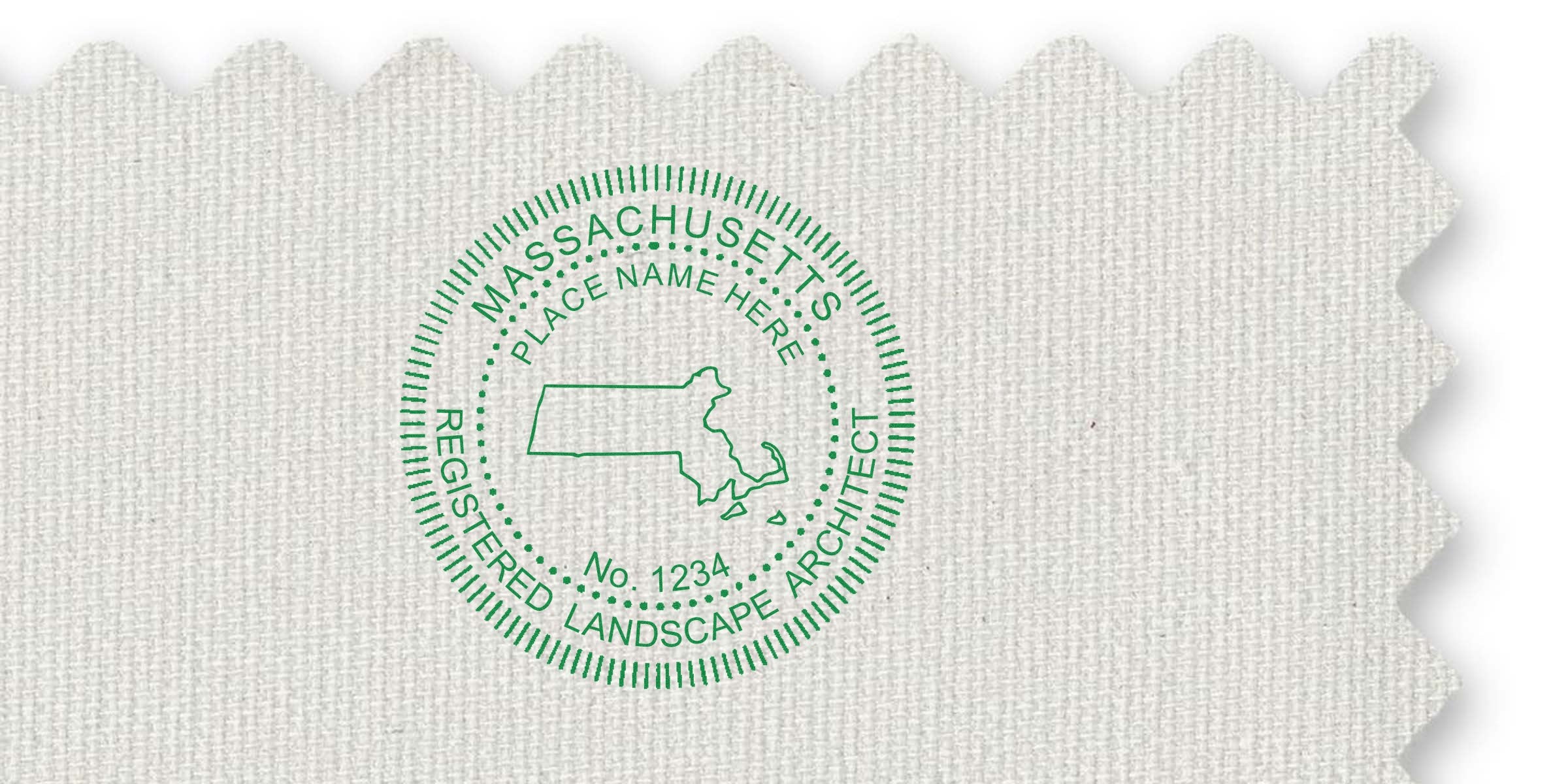 Custom Massachusetts landscape architect stamp on fabric with state outline and registration number, inspired by Maine landscape stamp design.