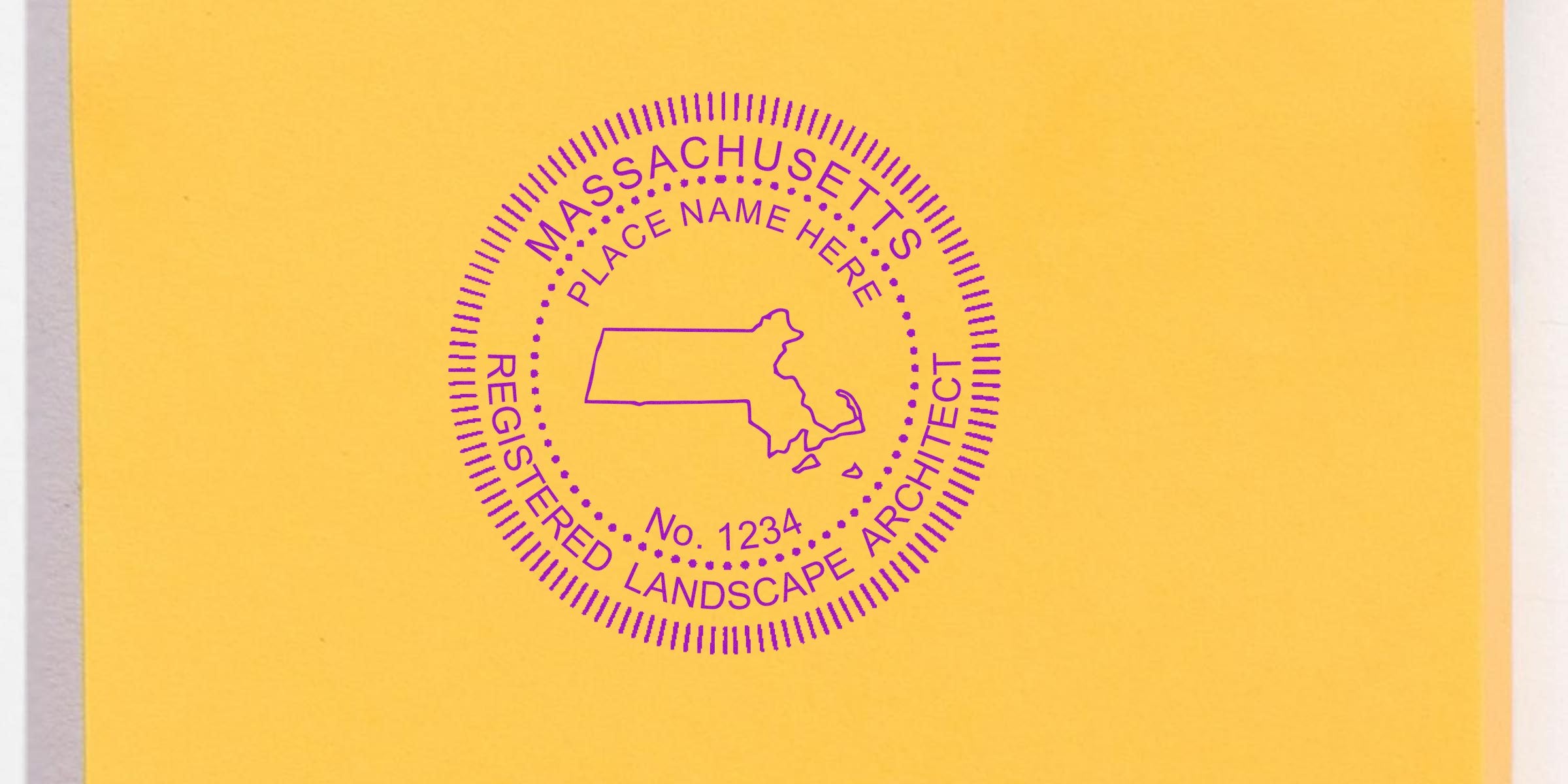 Maine Landscape Architect Stamp with Massachusetts registered architect seal, state map, and registration number on yellow background; includes Landscape Architect Stamp order details.