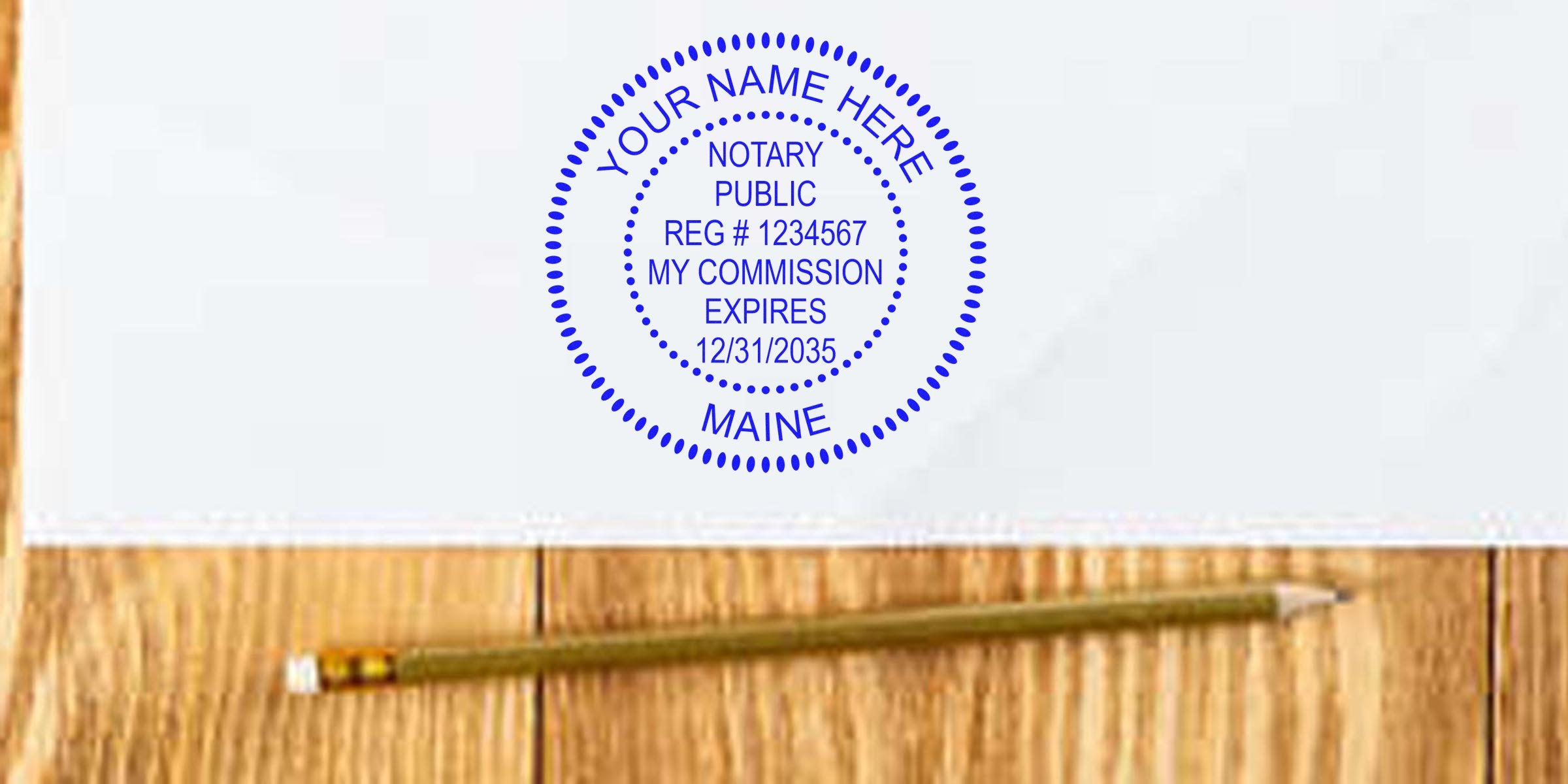 Maine notary public stamp on white paper with pencil on wooden table, official seal for document authentication tied to Maine wedding laws and notary public wedding rules.