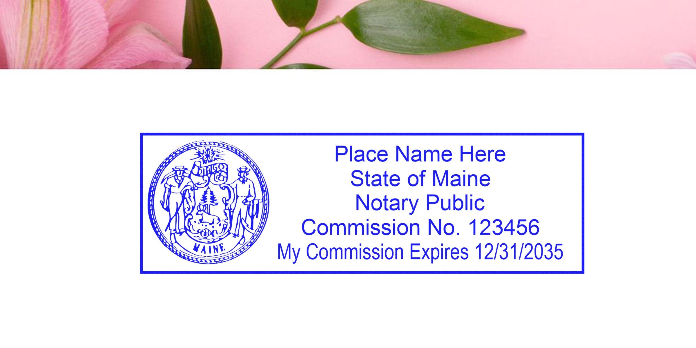 Maine notary stamp with state seal and commission expiration date, available for purchase online.