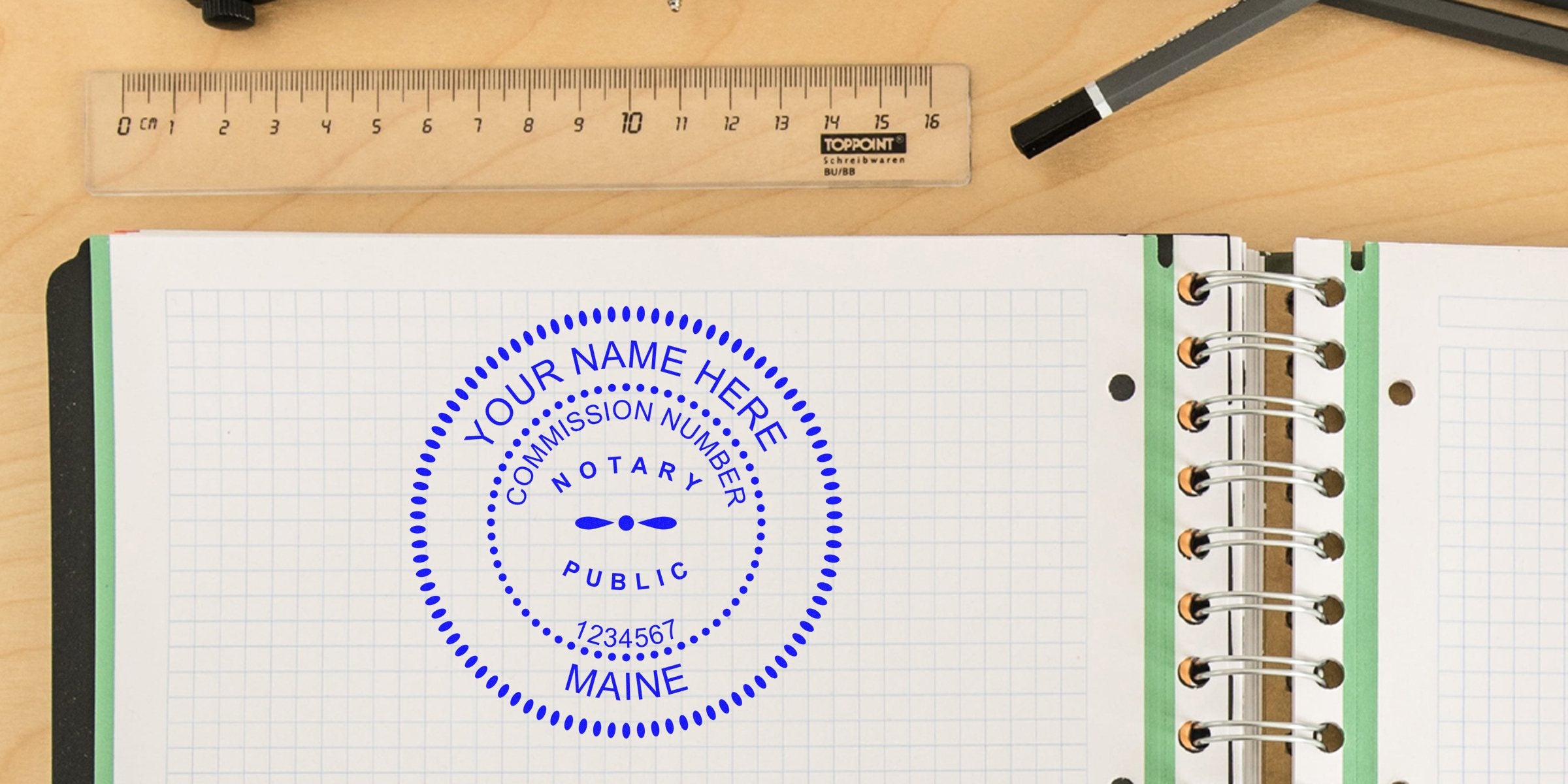 Maine Notary Supplies with a notary stamp on a notebook, ruler, and pen, showing the official Maine notary commission seal for legal documents, representing the Notary Public Organization.