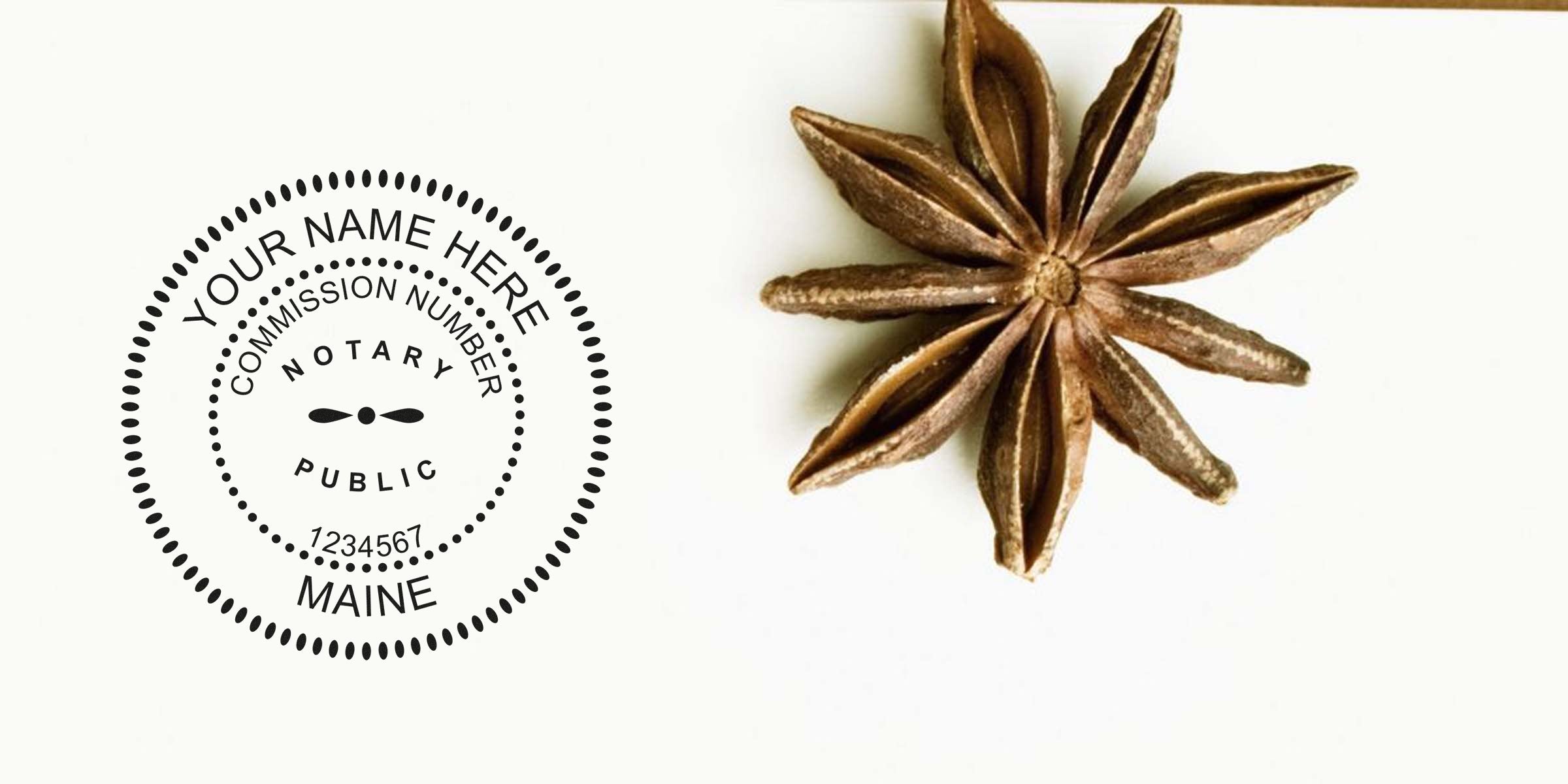 Maine notary public stamp with commission number beside star anise on white background, illustrating Maine notary stamp law and requirements.