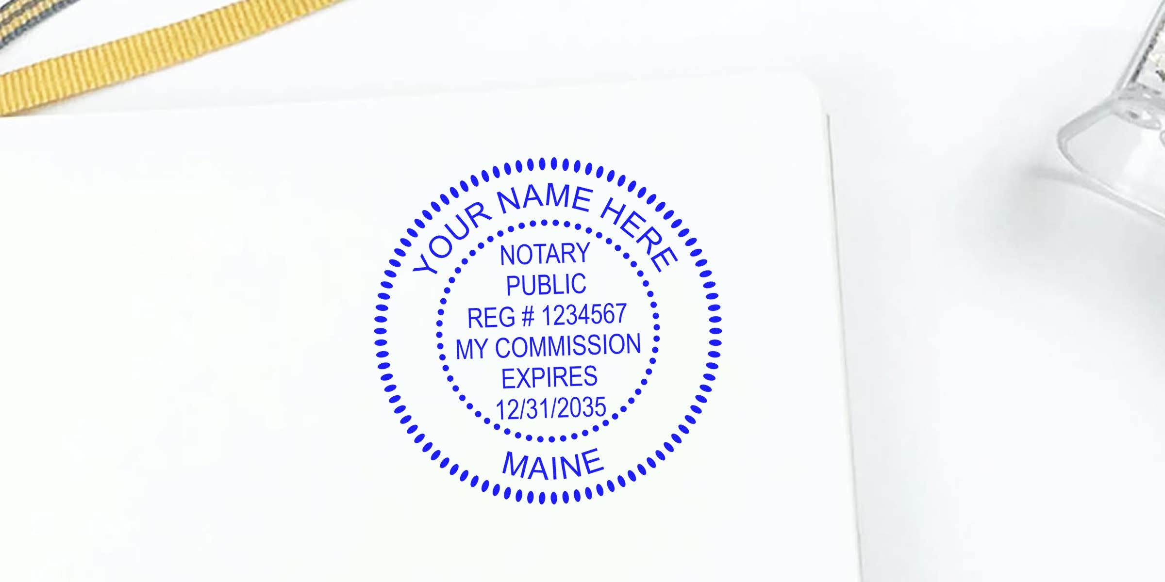 Maine notary public stamp on white paper with commission expiration date, featuring ME Notary Seal Supplies and Best Deals Notary Supplies.