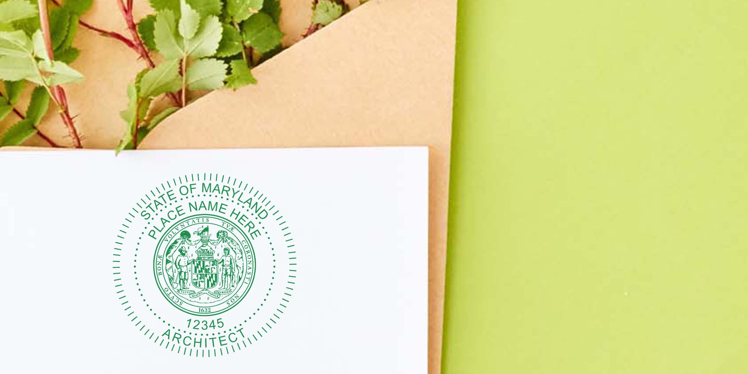 Maryland architect stamp on white paper with green leaves and envelope background, showcasing architect stamp design guide elements.