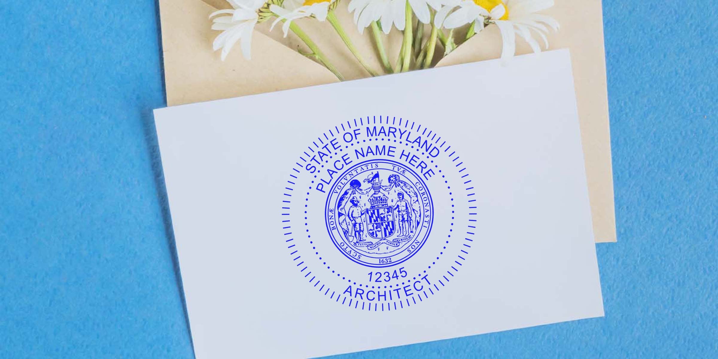 Authentic Maryland architect seal on white card with daisies and blue background.
