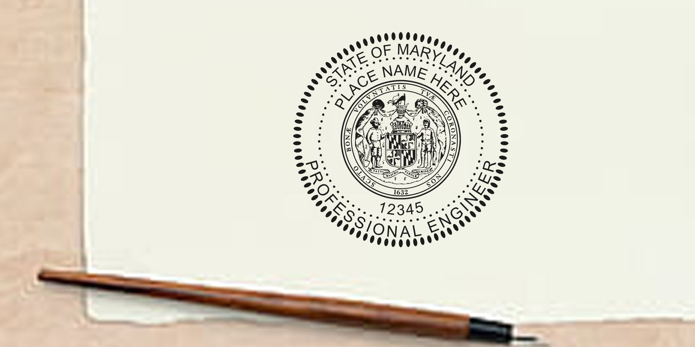 Maryland Licensed Professional Engineer seal on official document with pen, symbolizing PE License certification and verification in Maryland.