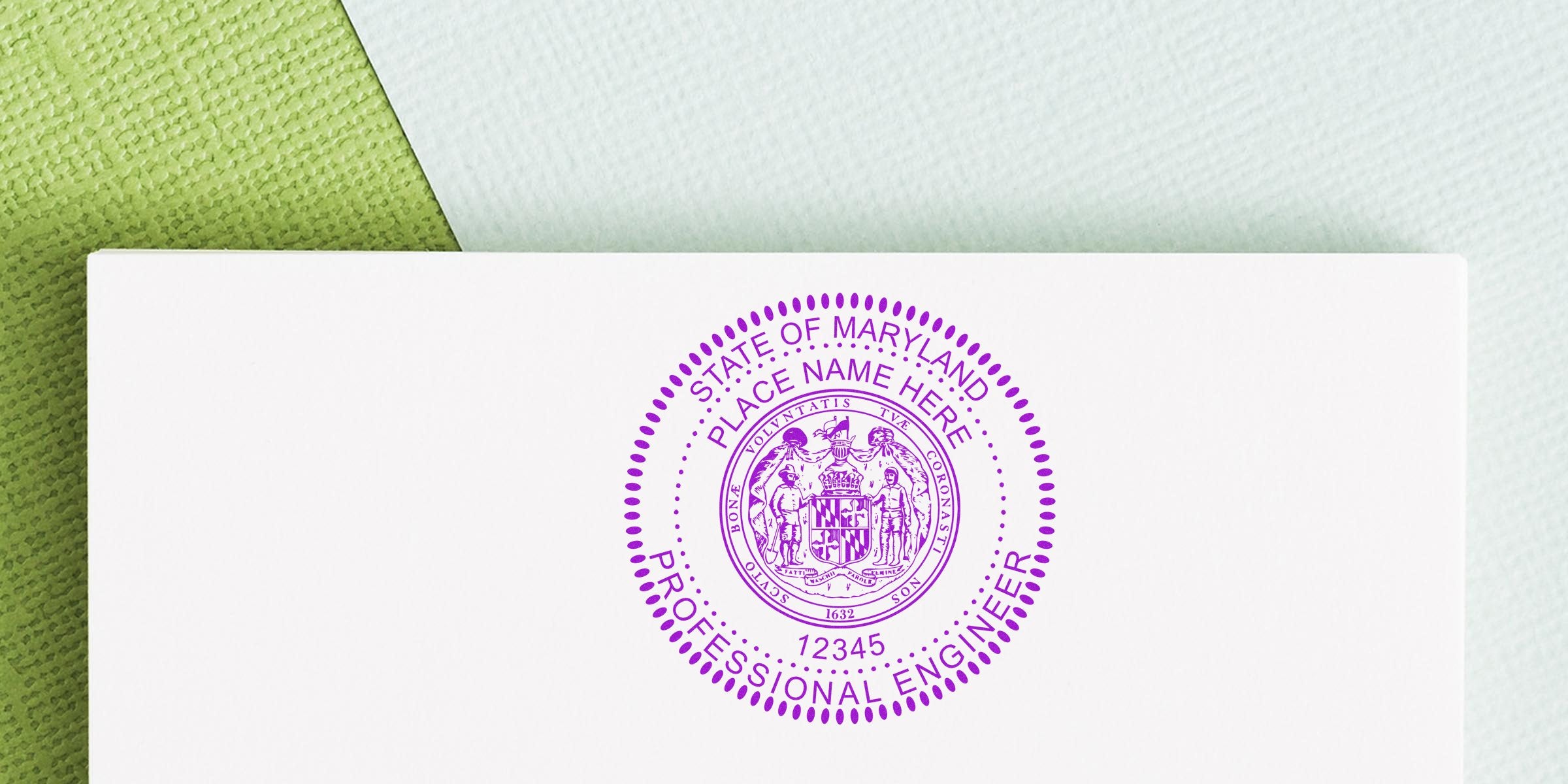 Maryland Professional Engineer Stamp on white paper for certification. Official PE Stamp Maryland available for authorized use. Buy your Maryland PE Stamp today.