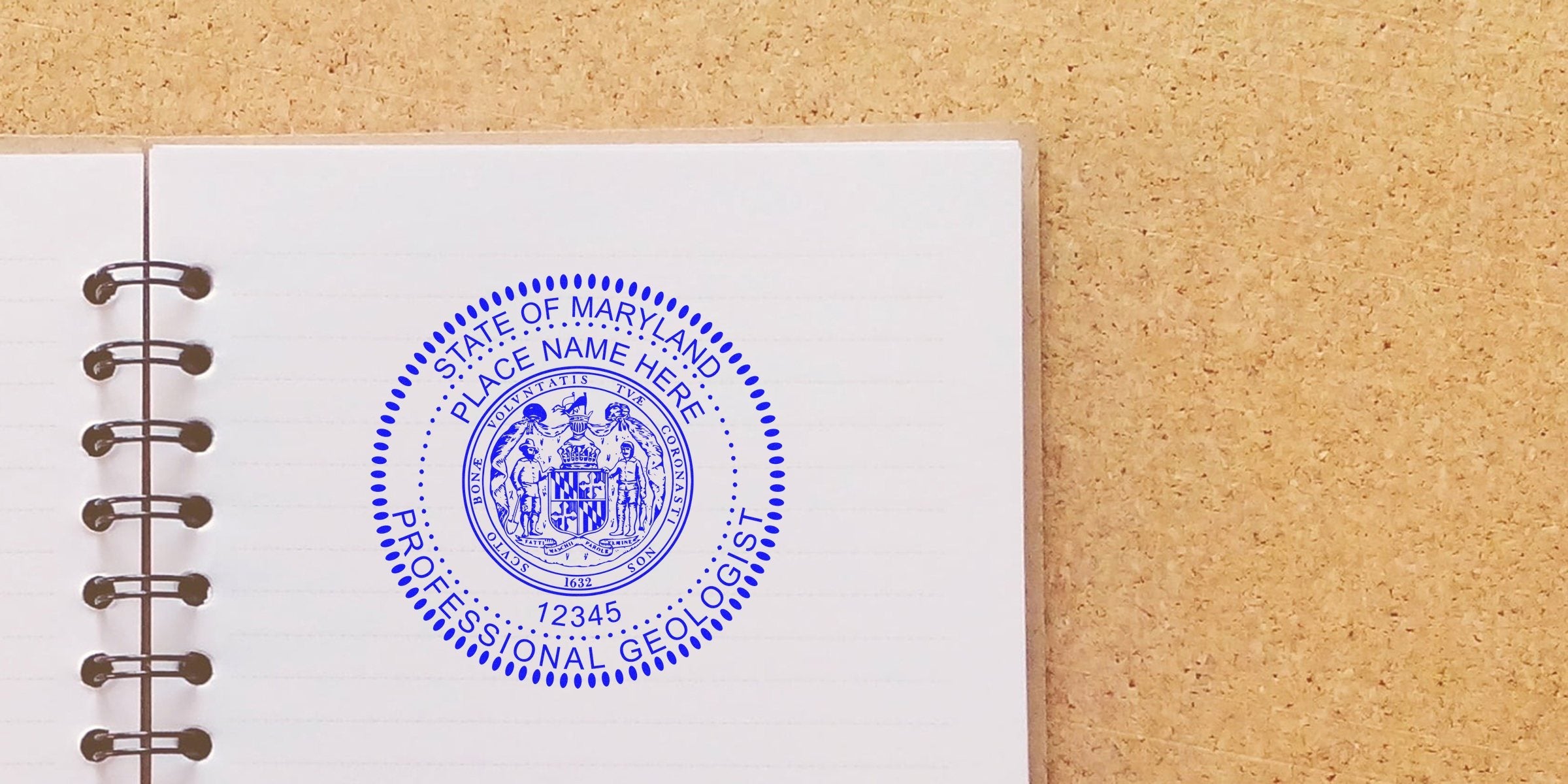 Maryland Geologist Stamp seal on notebook page with detailed stamp cost explanation.