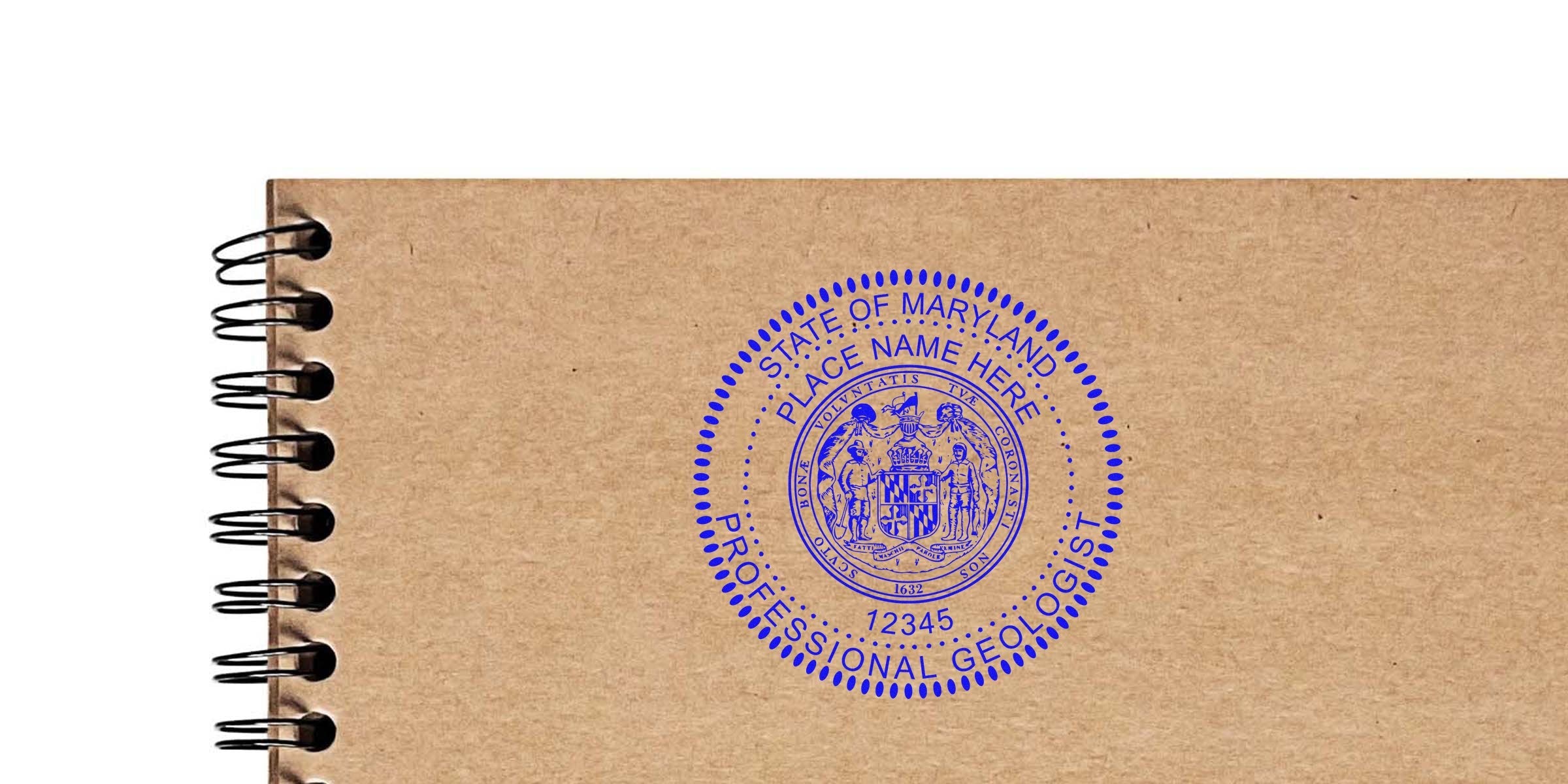 Maryland geologist seal stamped on a brown spiral notebook, displaying place name and license number. Find Maryland geologist seal here.