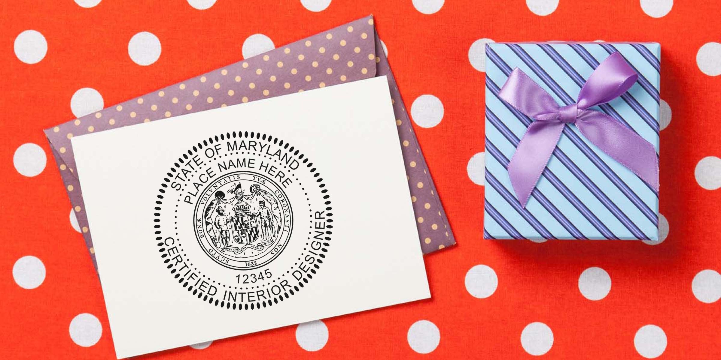 Maryland interior designer stamp on white card, purple polka dot envelope, and blue gift box with purple ribbon on orange polka dot background, symbolizing Maryland interior design licensing.