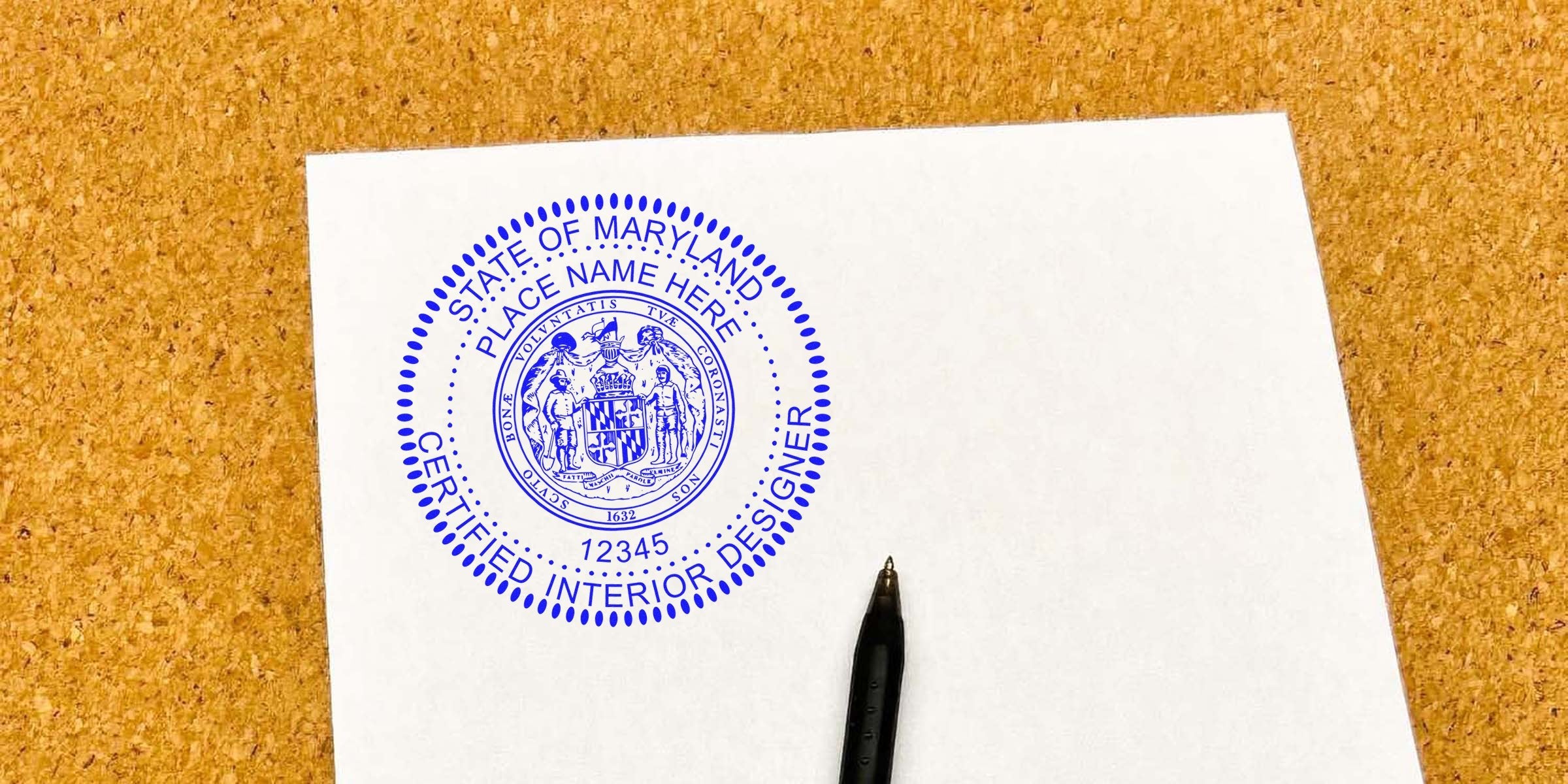 Maryland interior designer certification stamp on white paper with pen on corkboard, featuring tips for online purchase.