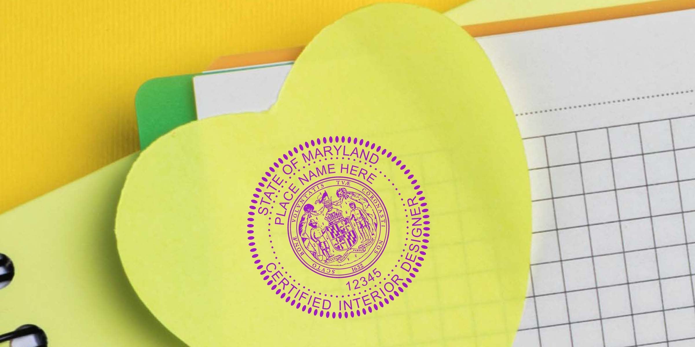 Maryland interior designer stamp on heart-shaped sticky note surrounded by office supplies, emphasizing Maryland interior design stamp rules.