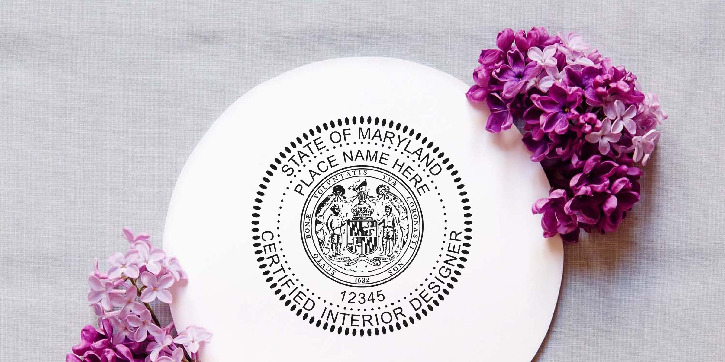 Maryland Interior Design Certification seal with purple lilac flowers on a white plate, featuring Interior Designer Stamps Maryland.